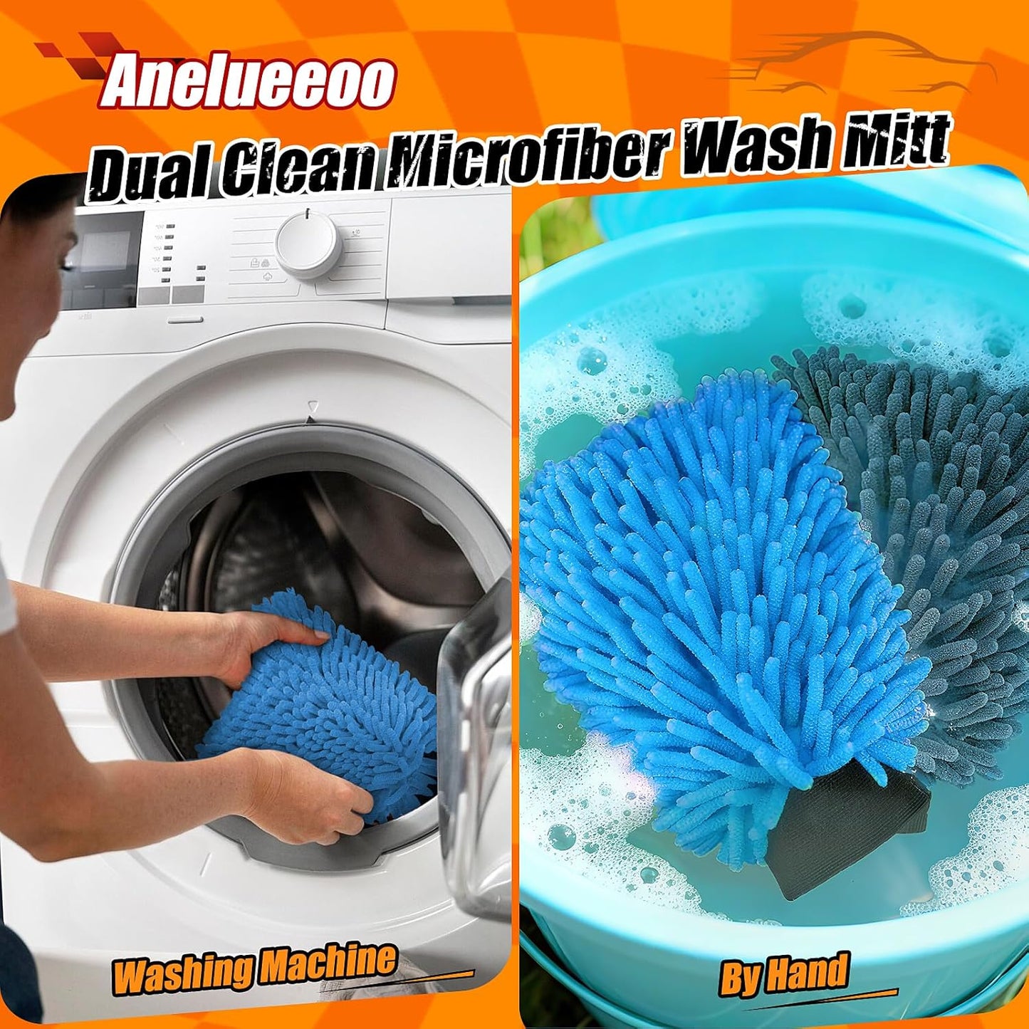 Car Wash Mitt Microfiber, Premium Chenille Microfiber Wash Car Mitts Sponge Scratch Free & Lint-Free, Mitts Waterproof Lining 4 Pack Blue (8''X12'')