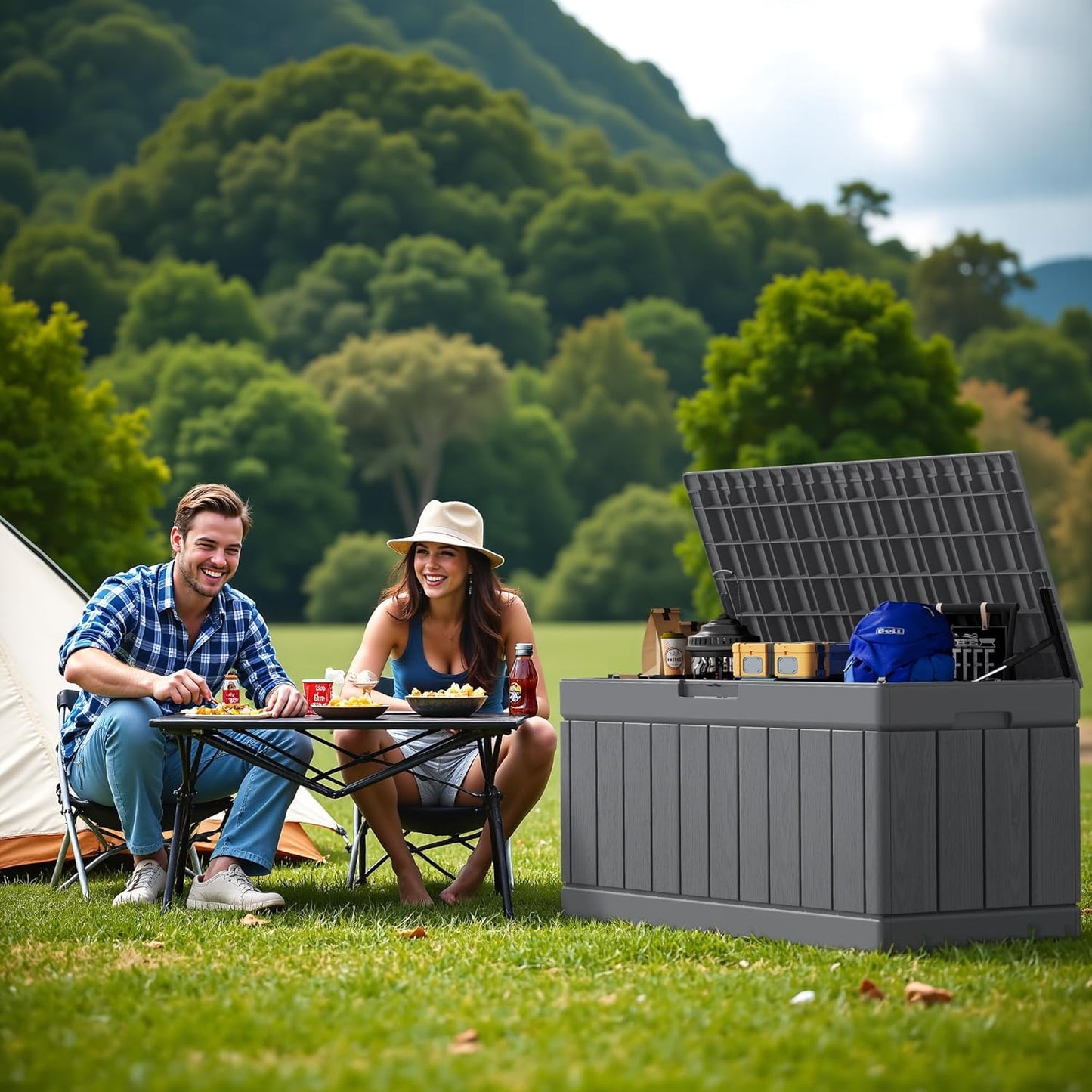 Devoko 80 Gallon Deck Box, Waterproof Resin Outdoor Storage Box for Outside and Patio, Outdoor Storage Bench Lockable for Patio Furniture, Garden Tools and Pool Supplies (Grey, 80 Gallon)