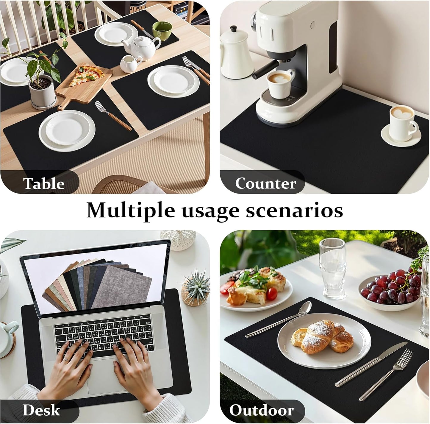 FROMHEART Faux Leather Placemats Set of 6–Waterproof,Heat/Oil Stain-Resistant PU Table Mat–Reversible,Non-Slip,Easy to Clean Place Mats for Kitchen,Dining,Indoor/Outdoor,(Black,11.8" x 17")