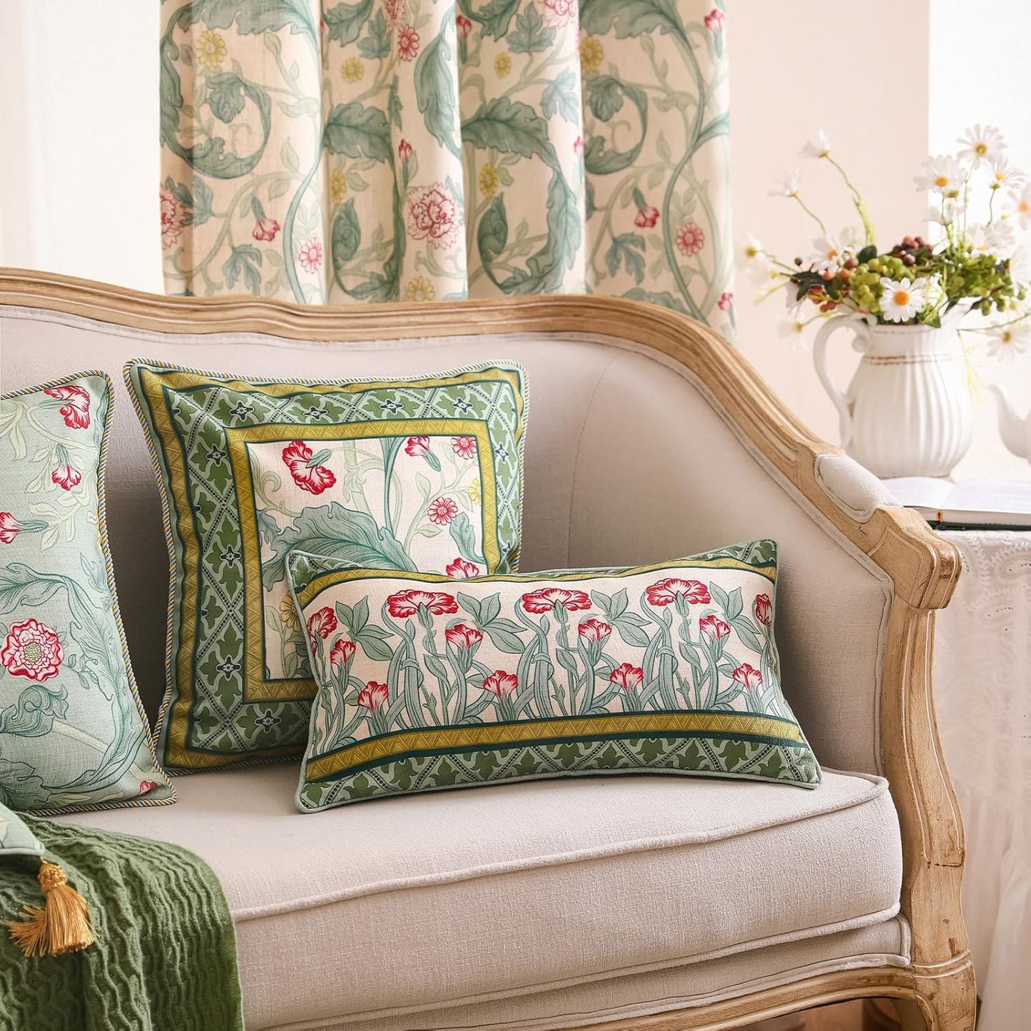 patdrea Designer Pack of 4 Throw Pillow Covers,French Vintage Rustic Linen with Green Floral Pattern Pillows Cover,Decorative Lumbar Square Pillowcases Cushion for Bed Living Room Outdoor Car