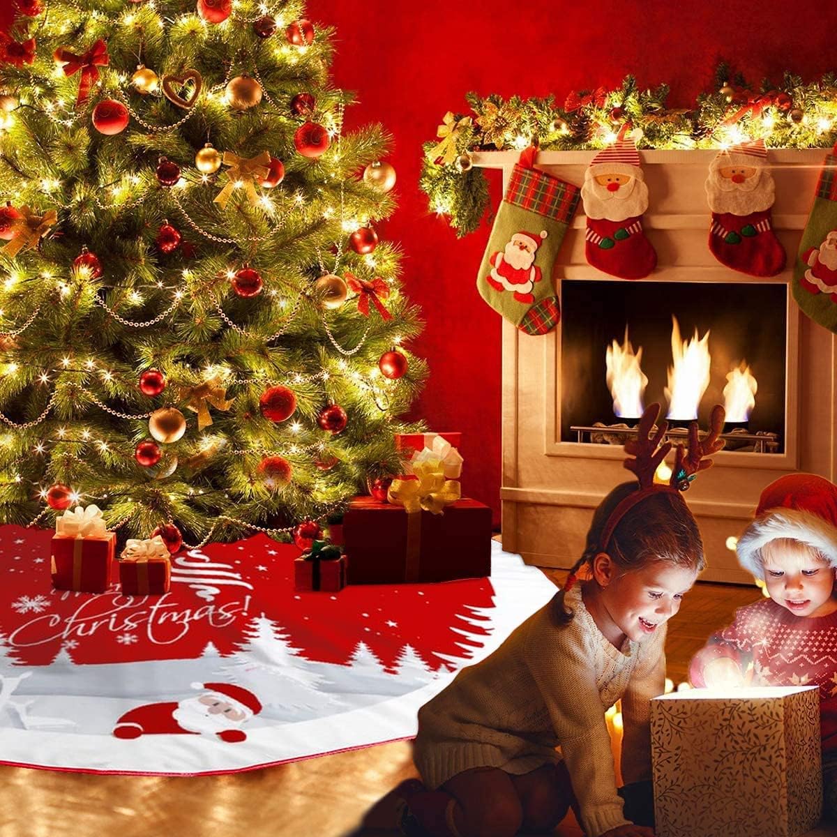 Christmas Tree Skirt Red Xmas Tree Ornaments for White Soft Plush Christmas Tree Mat with Snowy Pattern for Decorations Holiday Party 48 inches