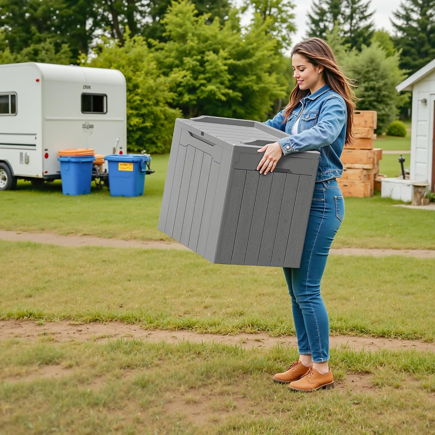 Devoko 30 Gallon Resin Deck Box 2 Pack Outdoor Indoor Waterproof Storage Box for Patio Furniture Pool Accessories Storage for Cushion Garden Tools (Grey, 2 Pack)