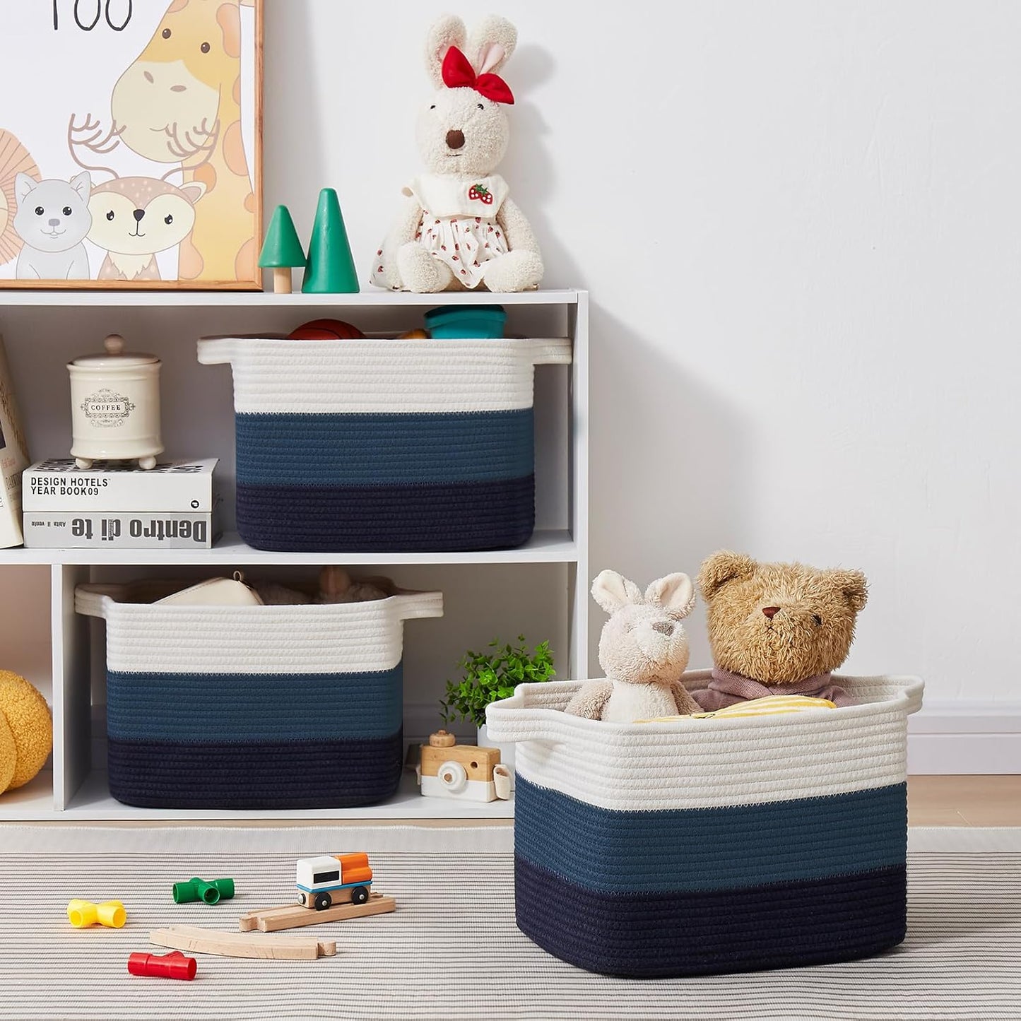 Storage Basket for Organizing, Woven Baskets for Storage, Rectangle Decorative Baskets for Shleves, Closet, Toys, Books, Nursery Organizer Bins - Pack of 3 (Gradient Blue)