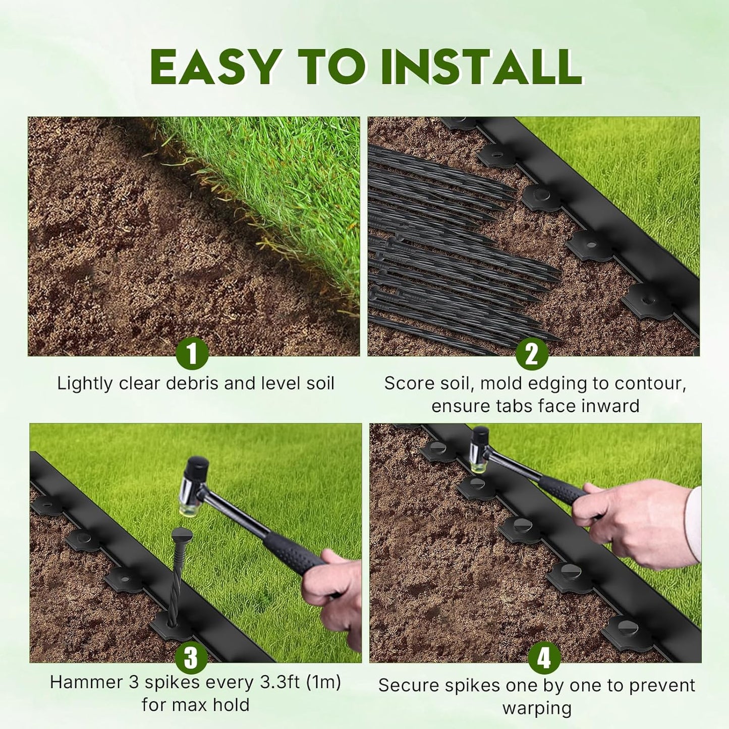 No Dig Landscape Edging 2" x 98.4FT Kit, Plastic Edging for Landscaping with 300 Spikes, for Garden, Lawn, Flower Beds and Yard, Black