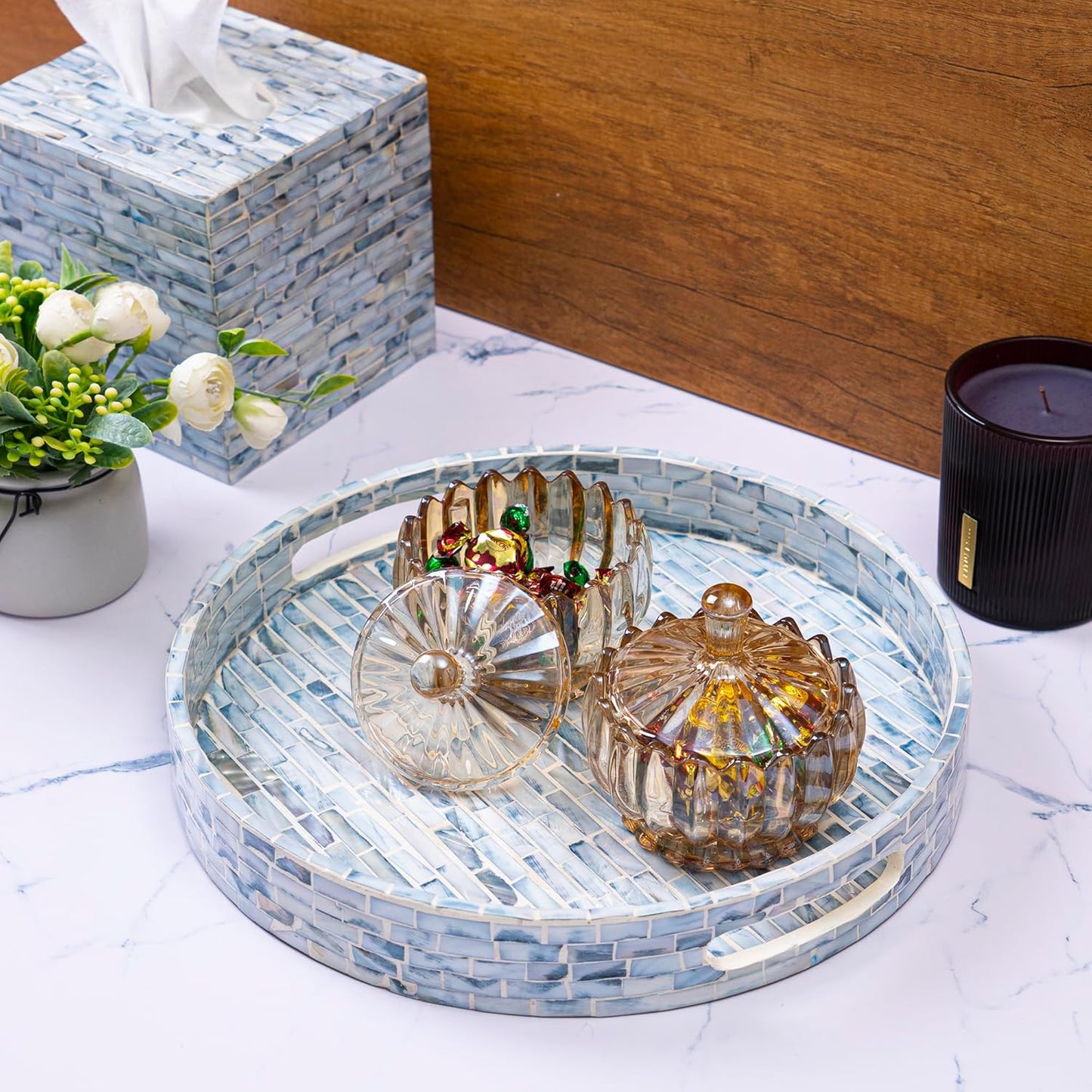 CLAYNIX Serving Tray 12.5 Inch, Wooden Lacquer Tray with Mother of Pearl Inlay, Elegant Tea & Breakfast Tray with Handles (Round)