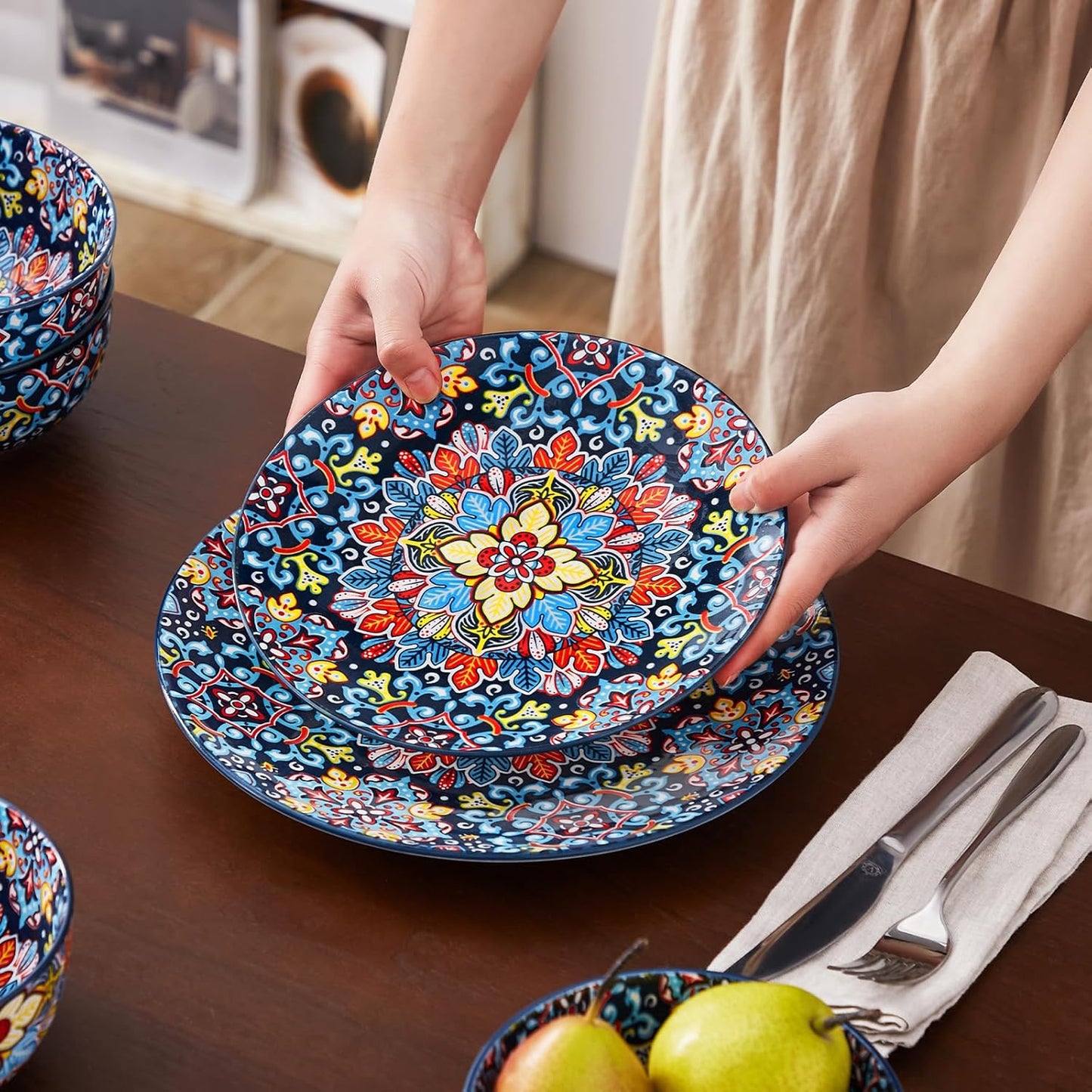 vancasso 12 Pieces Dinnerware Sets, Red Plates and Bowls Set, Porcelain Dishes Set for 4, Microwave and Dishwasher Safe, Scratch Resistant, Bohemian Style Dining Ware Service for 4, Series SIMI