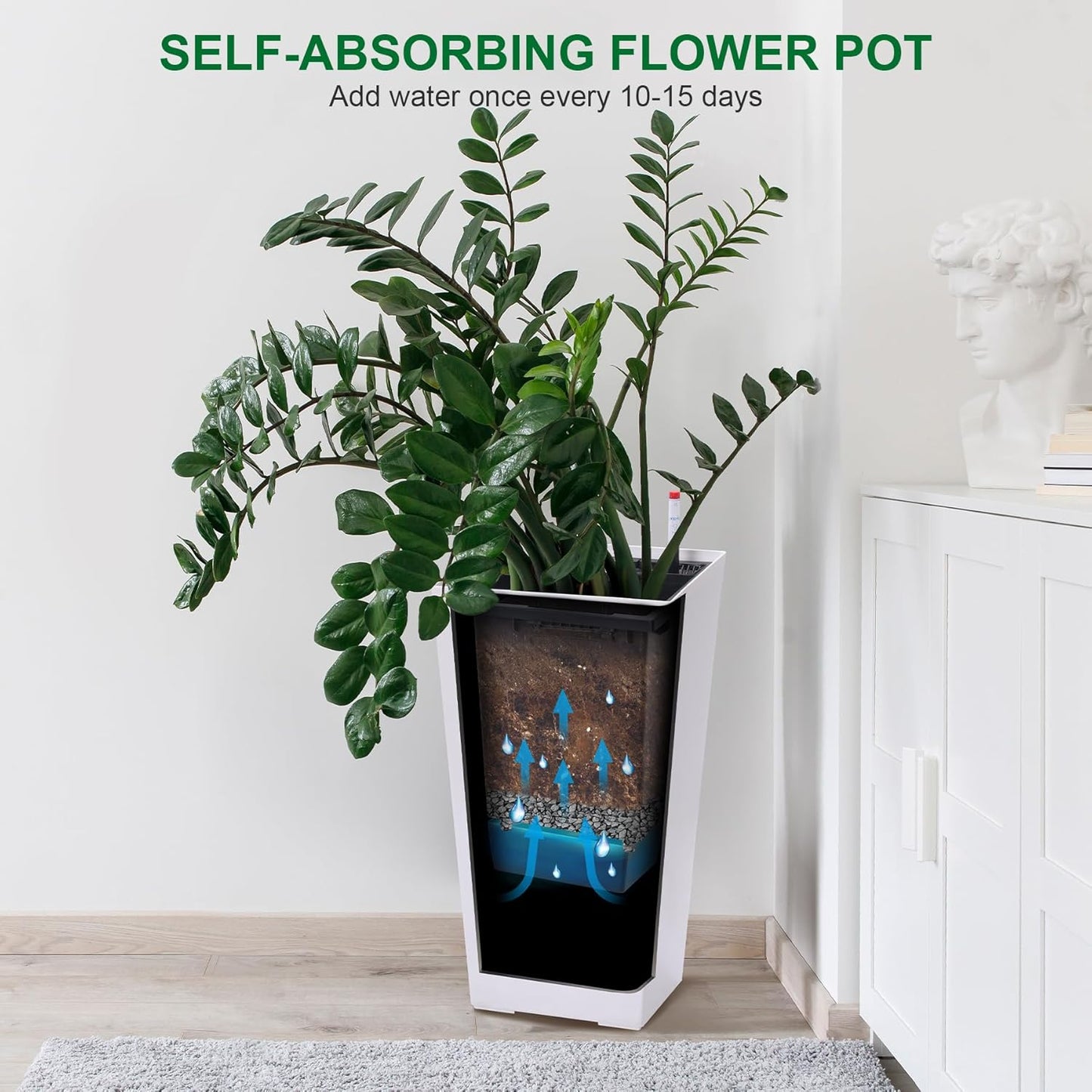 22.5" Tall Planters Set of 2, Outdoor&Indoor Black Planter Pots, High Front Porch Planter Pots with Drainage Holes&Water Level Monitor&Inner Bucket, Automatic Watering, White