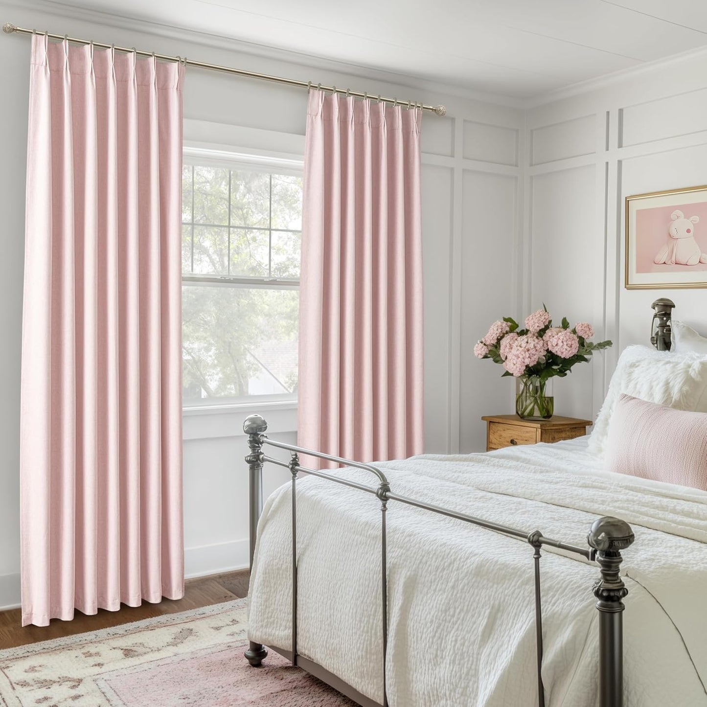 Pinch Pleated Heavy Flax Linen Baby Pink Curtains 90 Inches Long for Bedroom 2 Panels Set, Elegant Blackout Insulated Window Curtain with Hooks Rings for Nursery / Office Room Darkening Viral Drapes