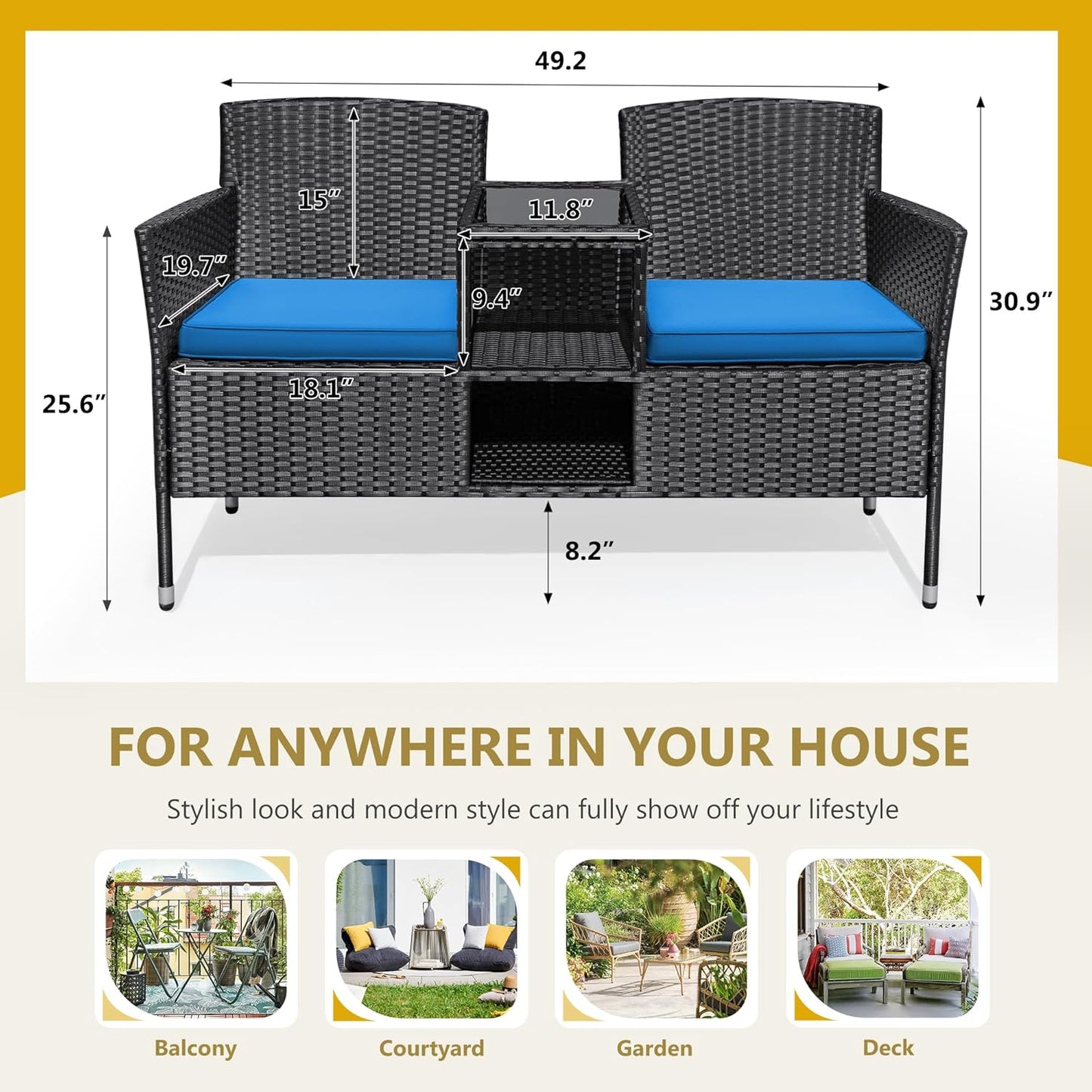 Flamaker Outdoor Furniture Patio Loveseat Wicker 2-Seat with Built-in Table and Cushions Rattan Porch Chairs Bench for Balcony, Lawn, Backyard (Blue)