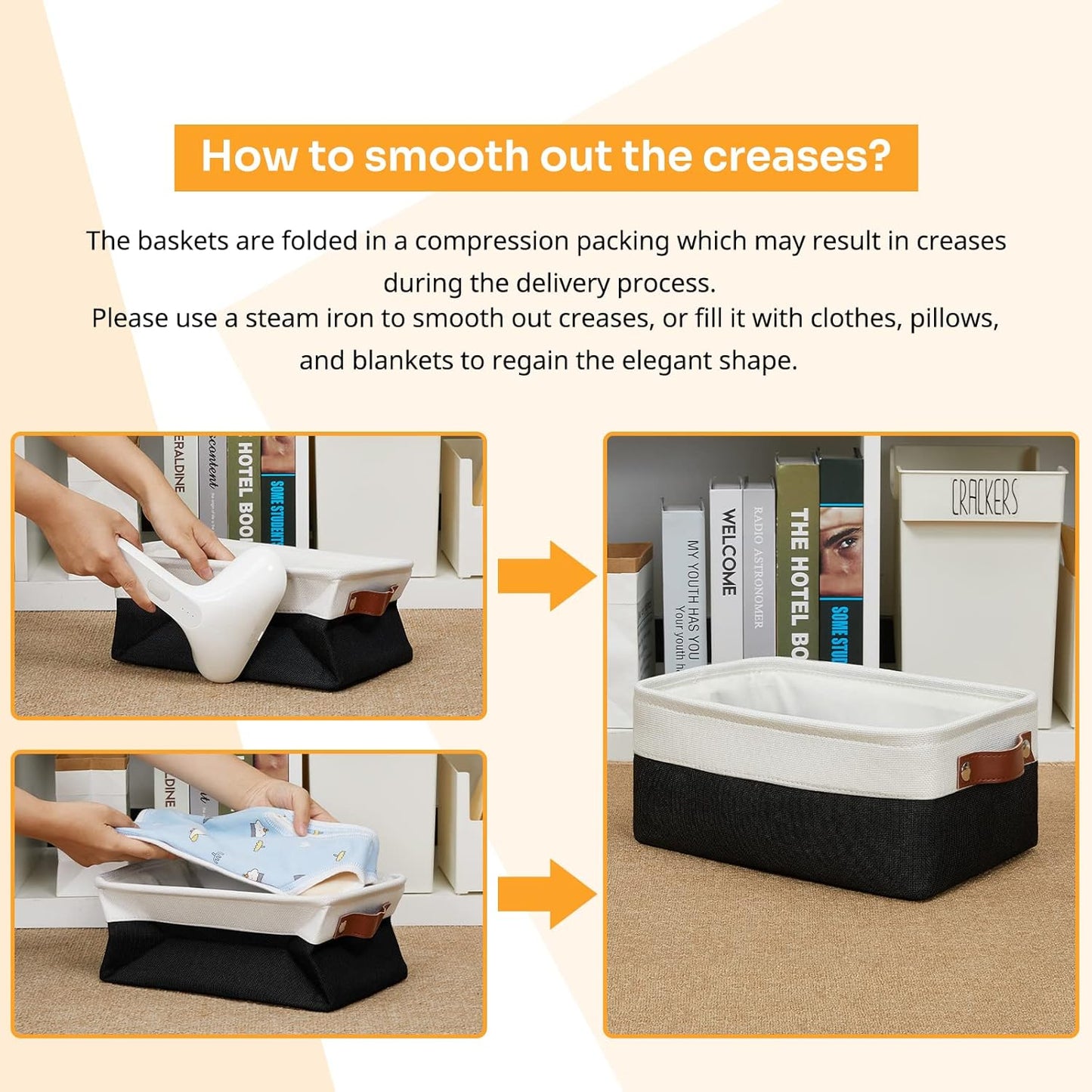 DULLEMELO Small Storage Bin, Collapsible Rectangular Fabric Basket for Organizing, Shelves, Closets, Nursery, Home, Office, Empty Gift Basket (White&Black)