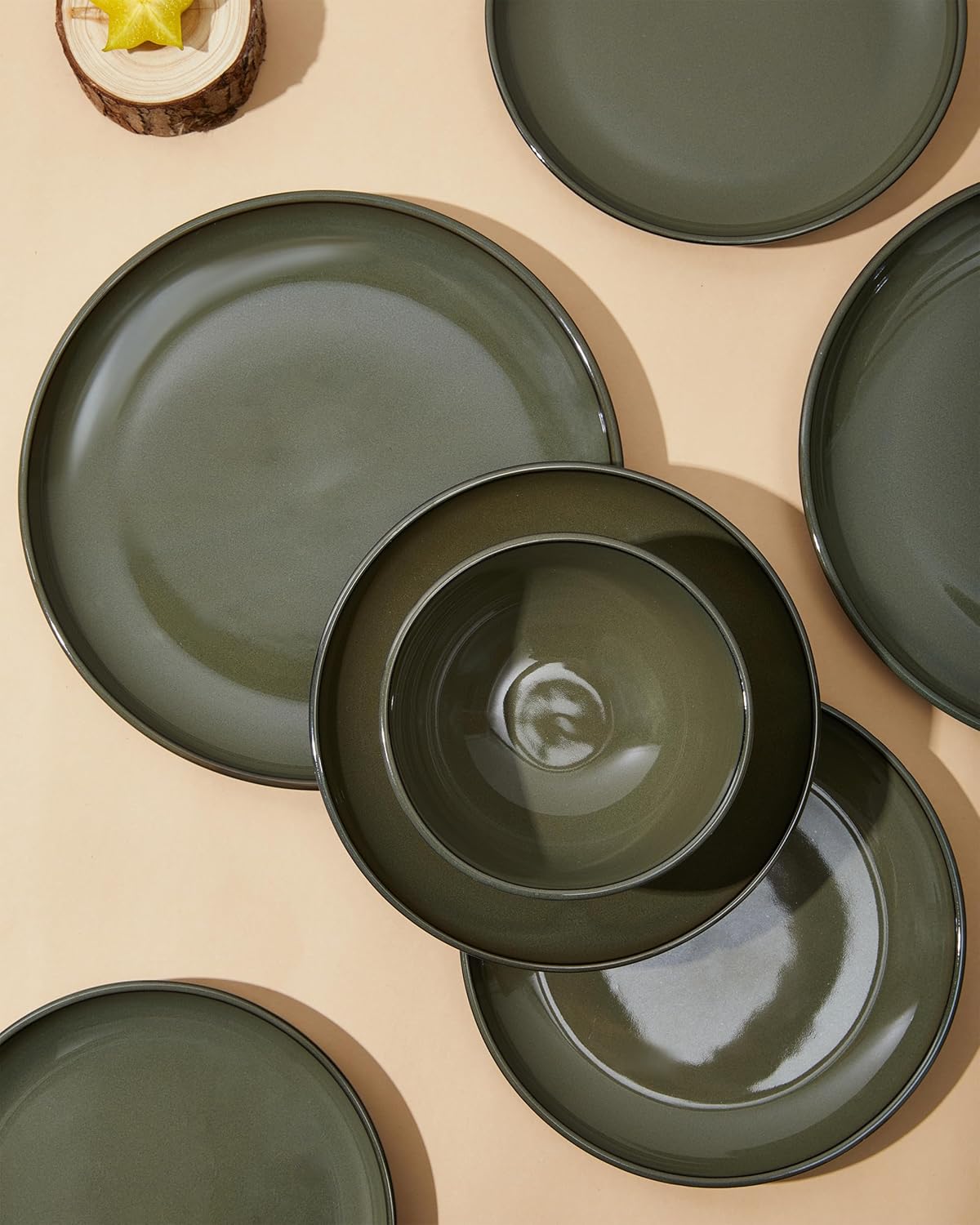 Santorini Mist Terracotta Reactive Glaze Plates and Bowls Sets, Stoneware Dinnerware Sets, Microwave and Dishwasher Safe Ceramic Dish Set Service for 4, Blackish Green