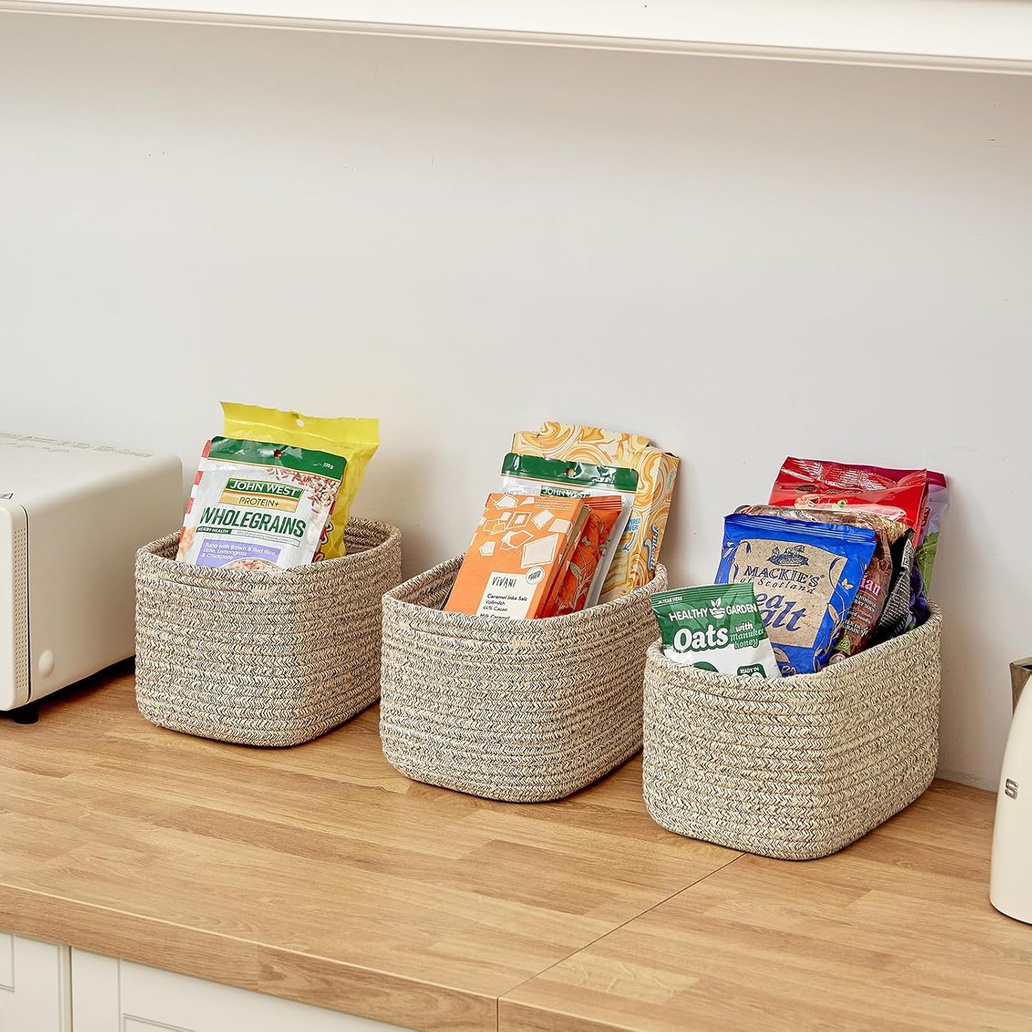 Small Cotton Rope Basket – Storage Bin for Organizing (10.6" x 6.7" x 6.7"), Bathroom Storage Basket for Shelf, Counter & Closet(Beige)