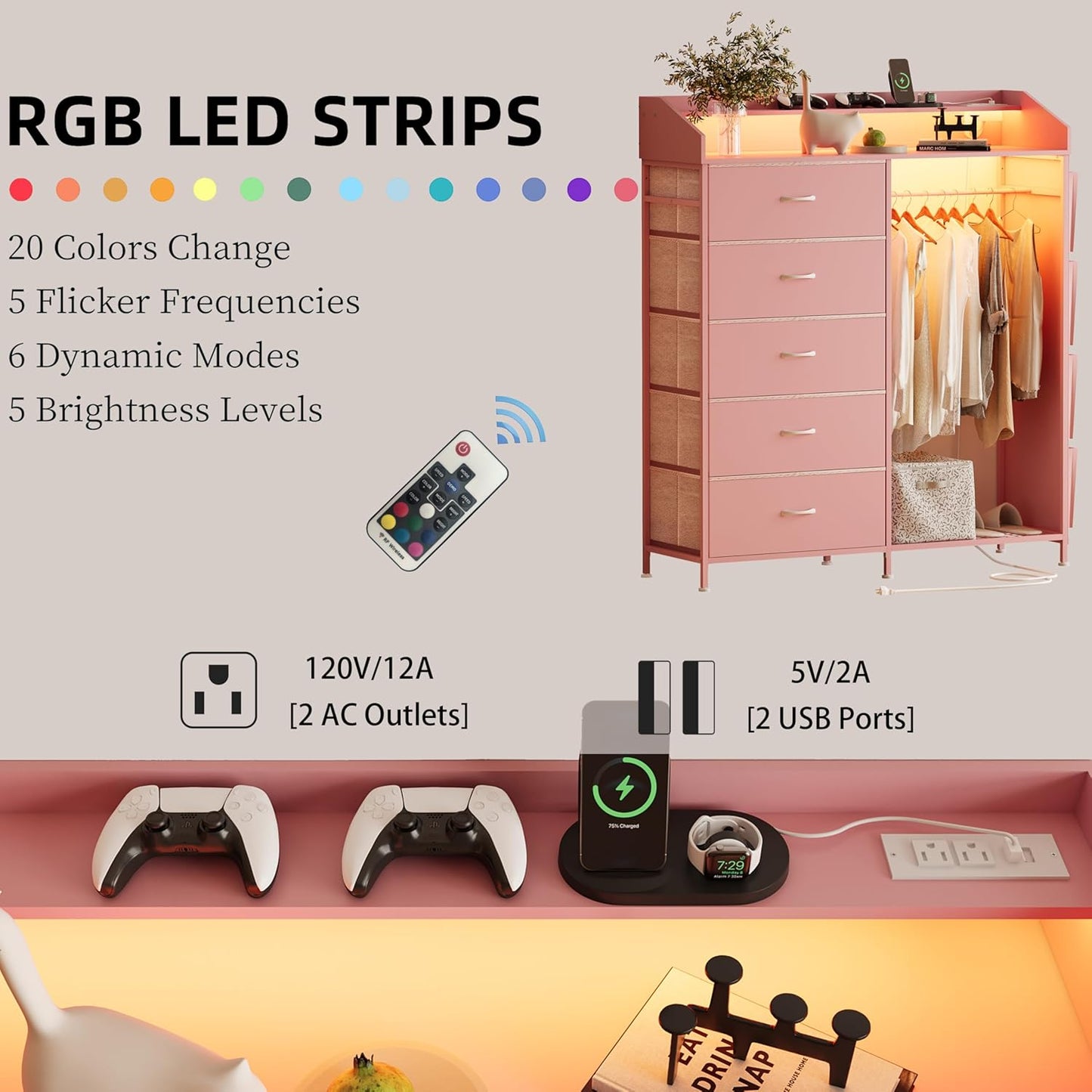 LUMTOK 2-in-1 Dresser with Hanging Racks,5 Fabric Drawers Dressers with LED Lights, Charging Station for Bedroom Living Room, Entryway, Closets (Pink)