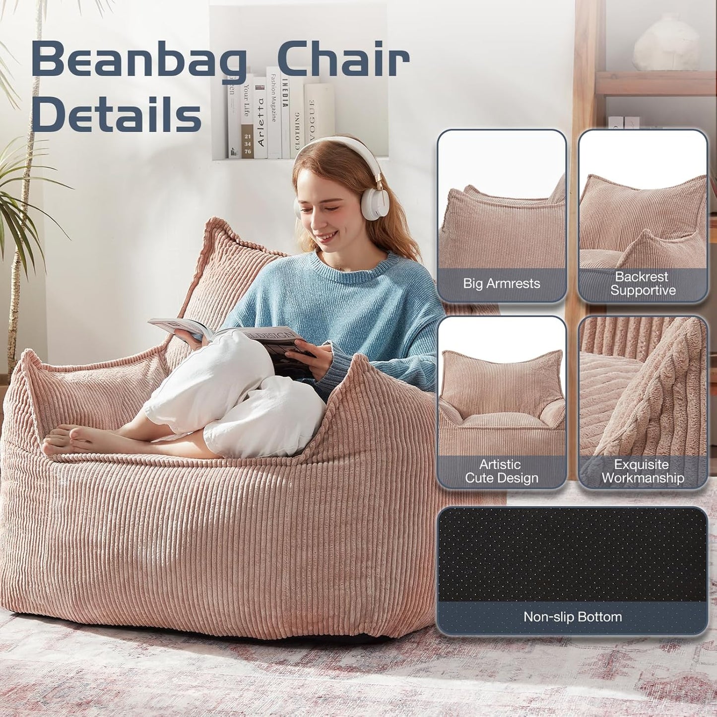 Giant Bean Bag Chair Sofa for Adults Teens, Comfy Corduroy Large Bean Bag Chairs with Armrests for Bedroom Living Room, Adult BeanBag Lazy Sofa Couch Chairs with Filler Included