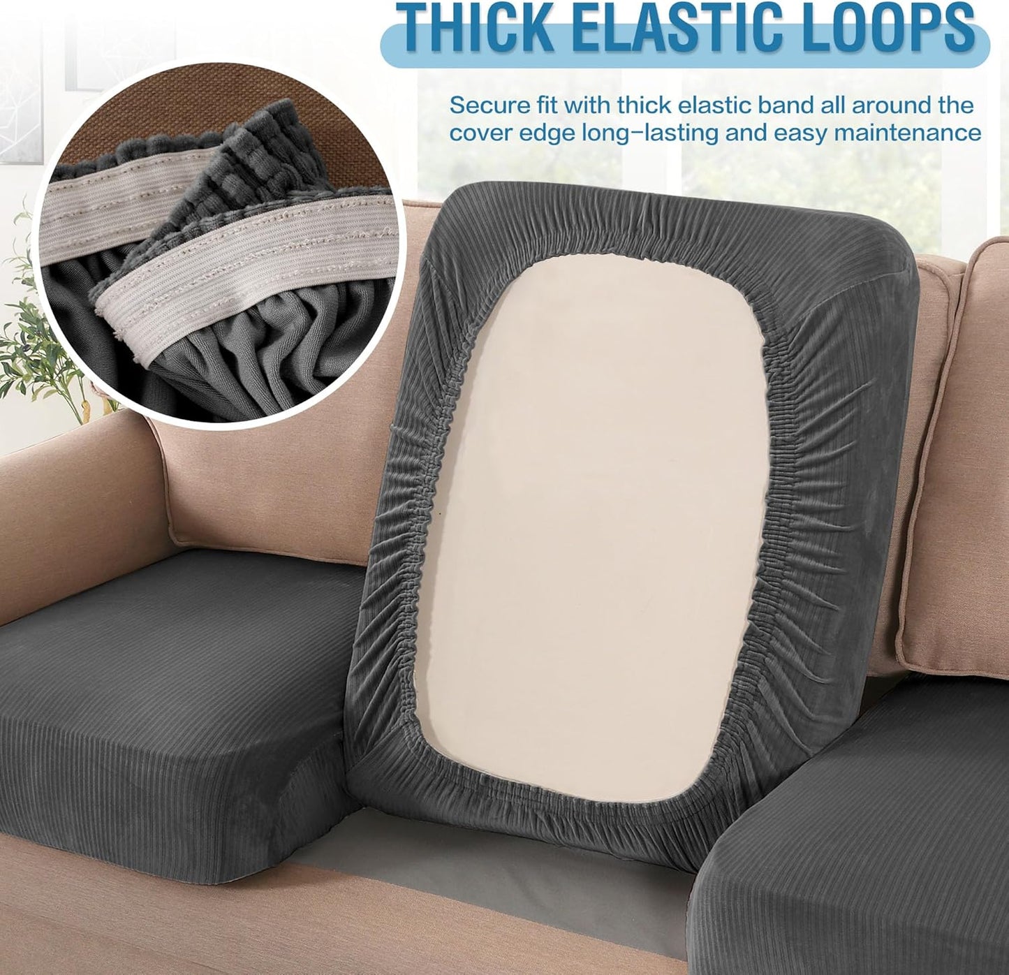 H.VERSAILTEX Velvet Stretch Couch Cushion Cover Plush Cushion Slipcover for Chair Loveseat Sofa Cushion Furniture Protector Seat Cushion Sofa Cover (3 Piece XL Sofa Cushion Covers, Grey Striped)