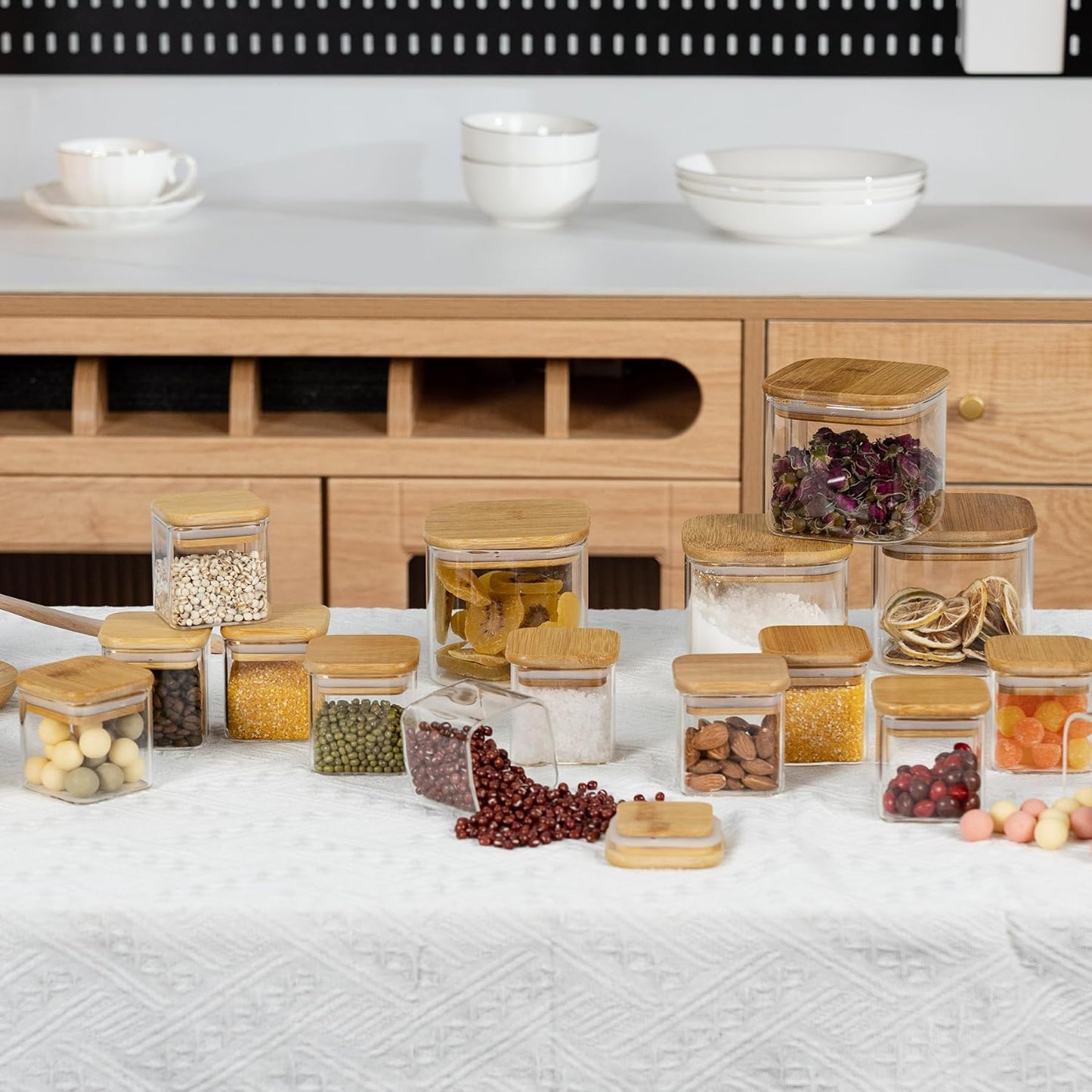 5oz Airtight Square Spice Containers with Bamboo Lid Set of 12 with Black Lables Storage Stackable Spice Jar, Kitchen Canister for Sugar, Tea, Flour, Salt and Seasonings (Clear Glass)
