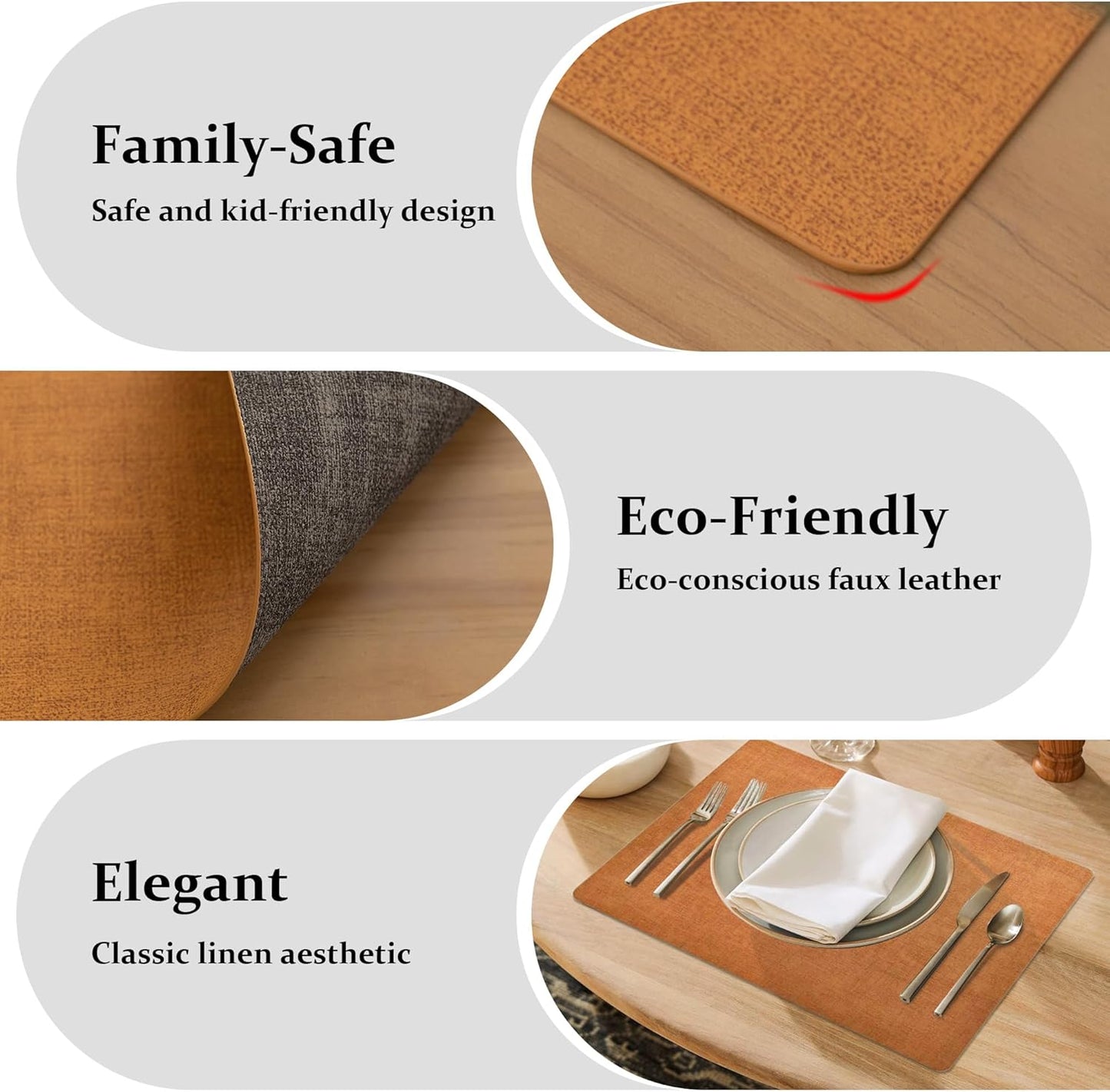 FROMHEART Faux Leather Placemats Set of 8–Waterproof,Heat/Oil Stain-Resistant PU Table Mat–Reversible,Non-Slip,Easy to Clean Place Mats for Kitchen,Dining,Indoor/Outdoor,(Orange-Grey,11.8" x 17")