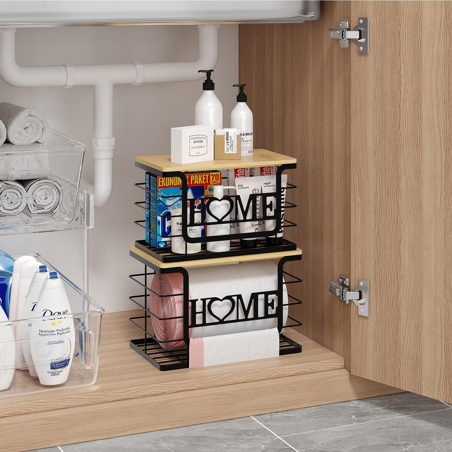 Trash Bag Holder, Thipoten Trash Bags Dispenser with Bamboo Top, Suitable for Garbage Bags Purchased Online or Supermarket, Perfect Storage Organizers for Cabinet, Under Sink (Black, 2pack-XL/L)