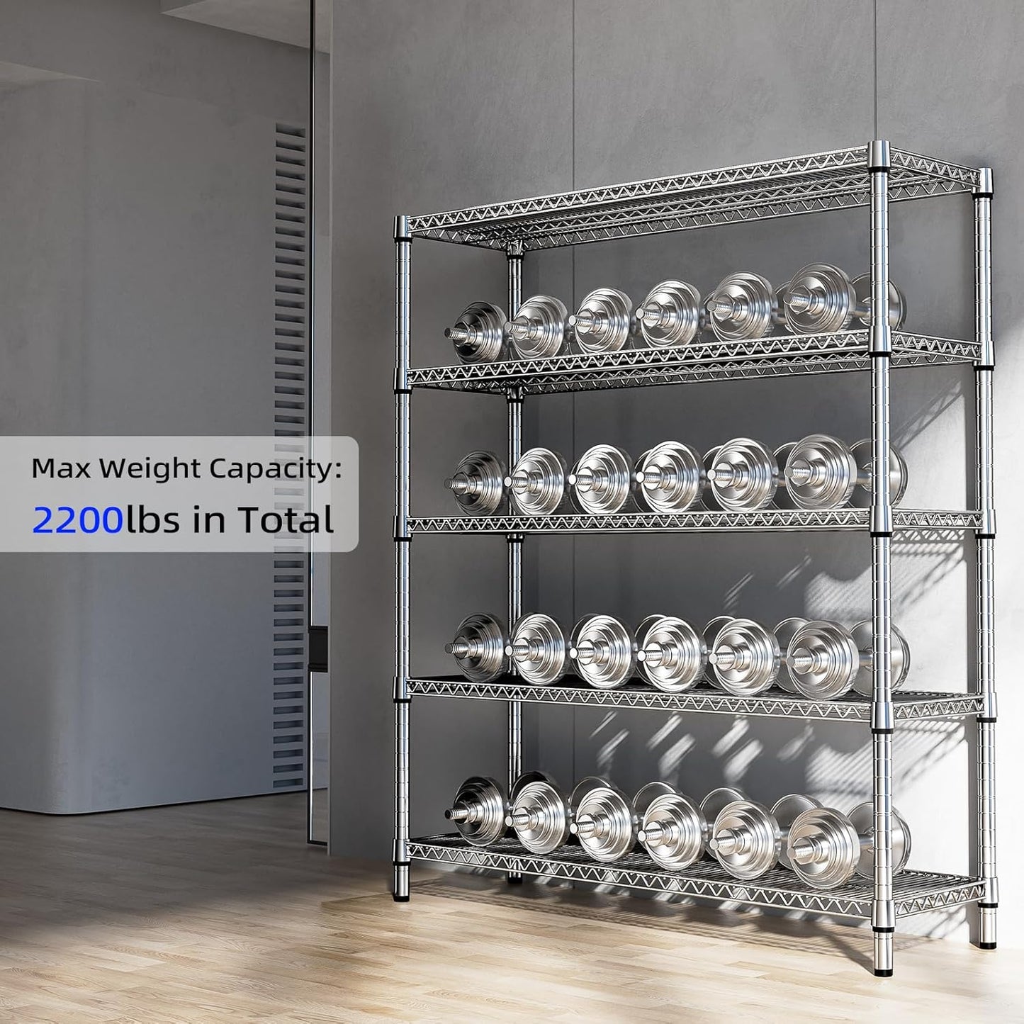 2200 Lbs 5 Tier Storage Rack Metal Wire Shelving Unit, Storage Standing Shelf Organizer for Laundry Bathroom Kitchen Pantry Closet Garage, Chrome 17.7" D x 59.1" W x 70.4" H
