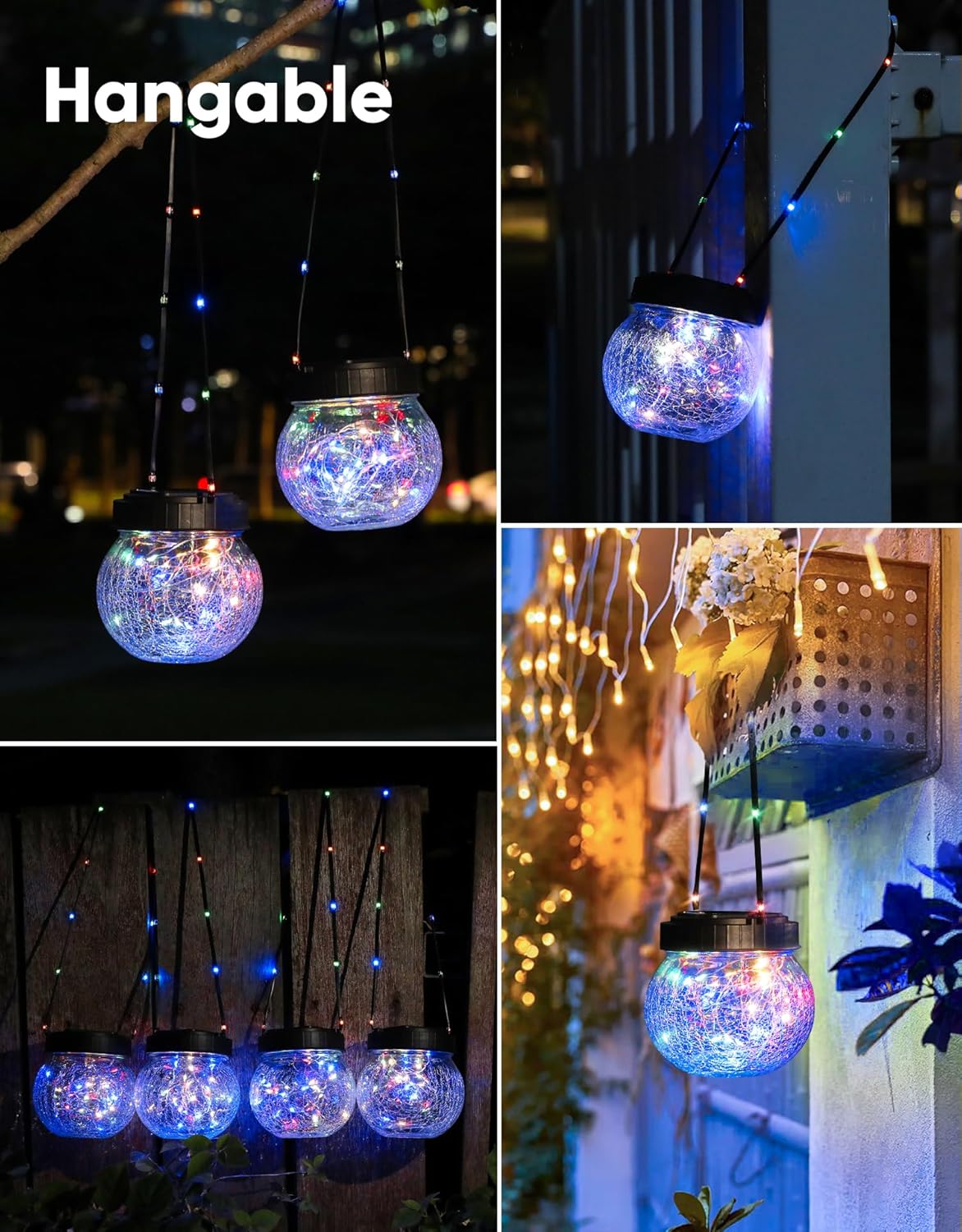 PARTPHONER Solar Lantern Solar Lights Outdoor Waterproof 2-Pack, Solar Powered Hanging Lights Cracked Glass Hanging Globes for Christmas Decoration, Shepherd Hook, Garden Tree Ornaments,Muiti-Color