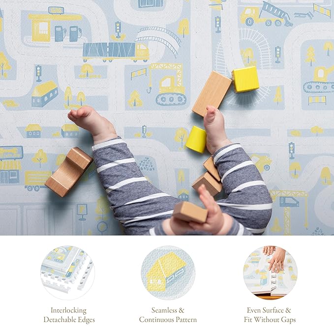 Premium Baby Foam Play Mats -Stylish Floor & Exercise Puzzle Mat for Toddlers & Kids- 6 Soft, Non-Toxic, Odorless, Peel-resistant Foam Tiles -6ft x 4ft -1"inch Extra-Thick, Pastel Blue Gray