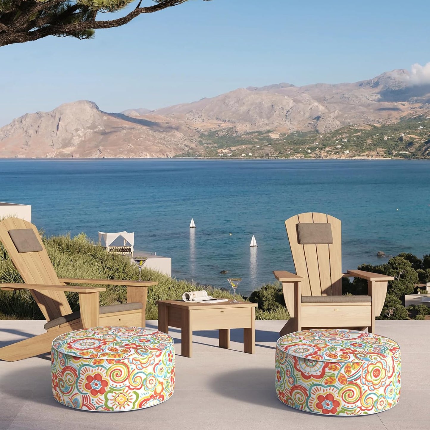 Inflatable Ottoman Stool D21 xH9 for Outdoor/Indoor Use, Water Repellent Patio Foot Rest Stool with Portable Handle,Round Pouf Ottoman Suitable for Garden,Deck and Camping - Flower Red