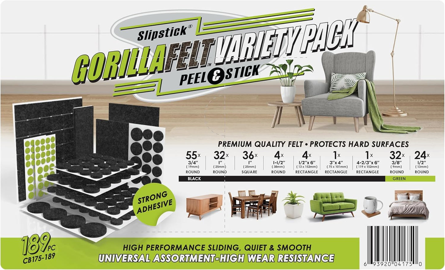 Slipstick Gorilla Felt Furniture Pads (189 Piece Variety Pack) Premium Furniture Pads & Chair Leg Floor Protectors for Hardwood Floors & Hard Surfaces