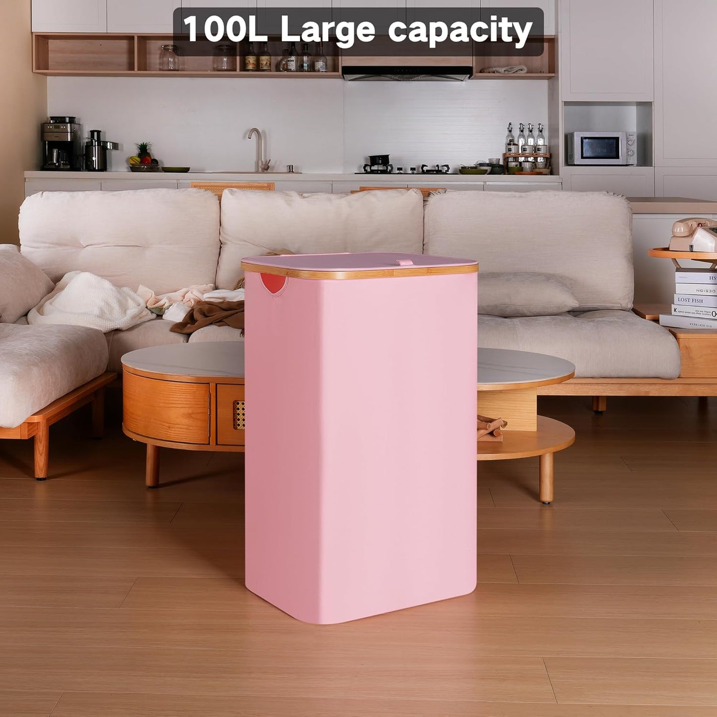 100L Laundry Hamper with Lid, Lagre Basket with Bamboo Handles,Foldable Clothes Hamper Tall Dirty Laundry Basket for Clothes Toys Towels Organizing,Pink
