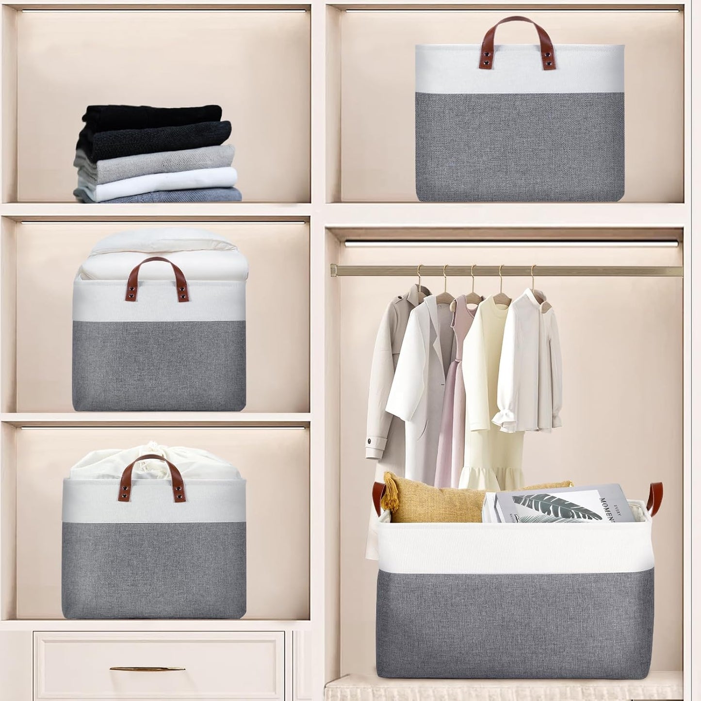 DULLEMELO Extra Large Storage Basket for Organizing, 70L Oversized Storage Bin Foldable Canvas Fabric Blanket Basket, 22" x 15" x 13" Large Kids Toy Basket Organizer with Handles (White&Grey)