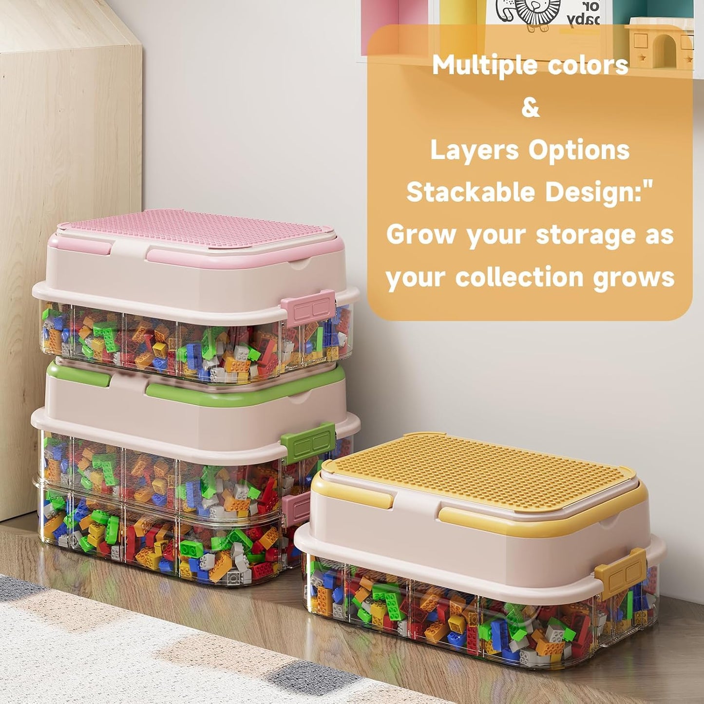 Toy Storage Organizer Box with Handle, Stackable Building Block Toy Box with Building Plate Lid & Removable Sorting Trays, Cubby Bins and Containers 3 Layer (Pink)