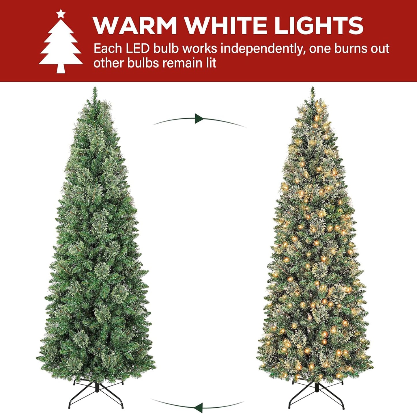 Hykolity 7.5ft Artificial Pre-lit Pencil Christmas Tree, Slim Christmas Tree with 300 Warm White LED Lights, 792 PVC Tips, Foldable Metal Stand and Hinged Branches