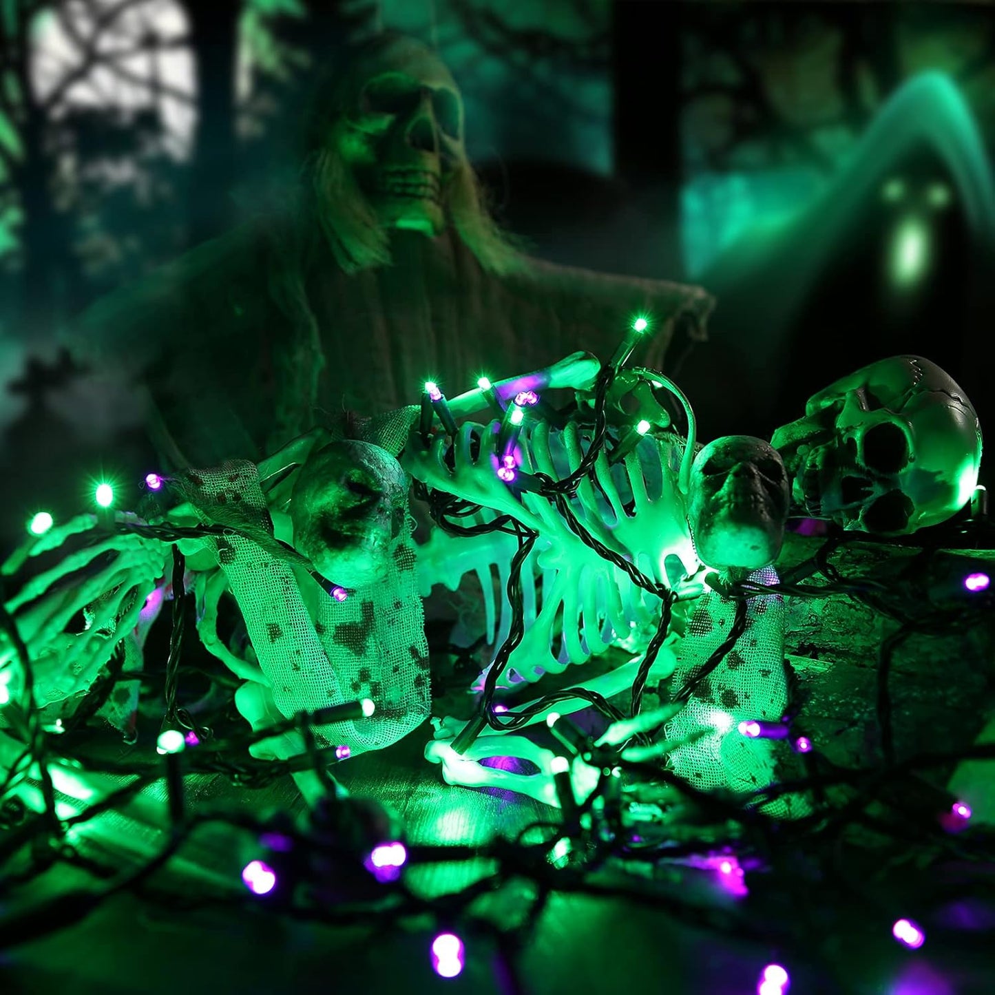 Brizled Purple & Green Halloween Lights, 33ft 100 LED Halloween String Lights 5mm Wide Angle String Lights, 120V UL Certified Connectable Halloween Lights Outdoor for Party Halloween Decor, Black Wire