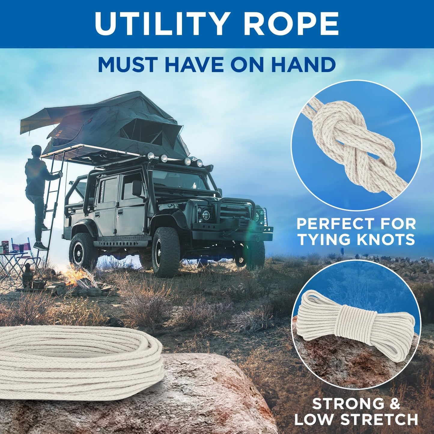 TECEUM 500lb Cotton Rope 3/16” (5 mm) – 50 FT | 100 FT– Strong All-Purpose Braided Rope – Natural Cotton – for Crafting, Сamping, Clothes Line, DIY, Indoor & Outdoor Use – Natural