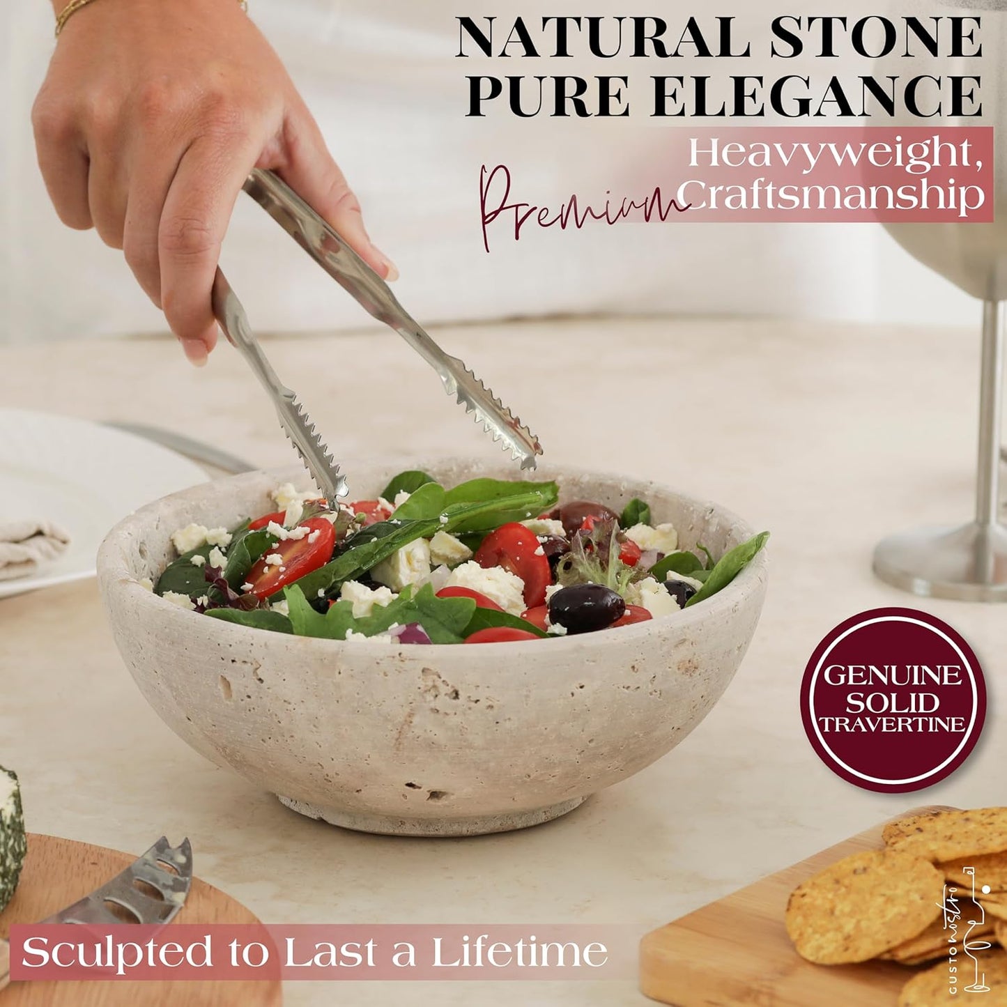 Gusto Nostro 8" Decorative Travertine Bowl for Coffee Table - Elegant Centerpiece, Aesthetic Fruit Bowl for Kitchen Counter - Heavy Stone Entryway Catch all, Jewelry, Potpourri - Travertine Decor