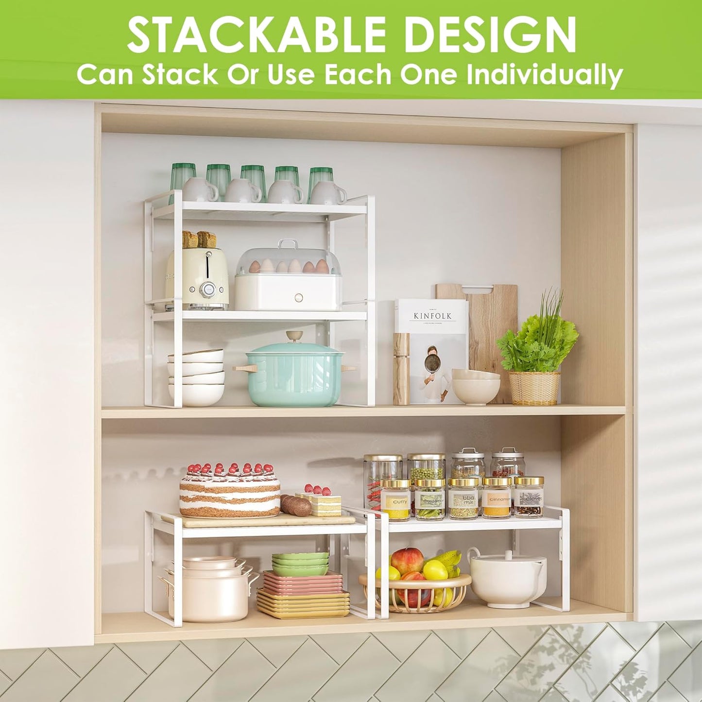 2 Pack Kitchen Countertop Organizer, Stackable Cabinet Shelf Organizer, 2 Tier Adjustable Kitchen Counter Shelves Riser For Pantry Cupboard Bathroom Organization And Storage, Desk Shelf,Spice Rack