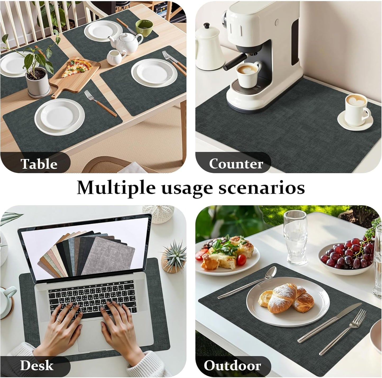 FROMHEART Faux Leather Placemats Set of 6–Waterproof,Heat/Oil Stain-Resistant PU Table Mat–Reversible,Non-Slip,Easy to Clean Place Mats for Kitchen,Dining,Indoor/Outdoor,(Dark Green,11.8" x 17")