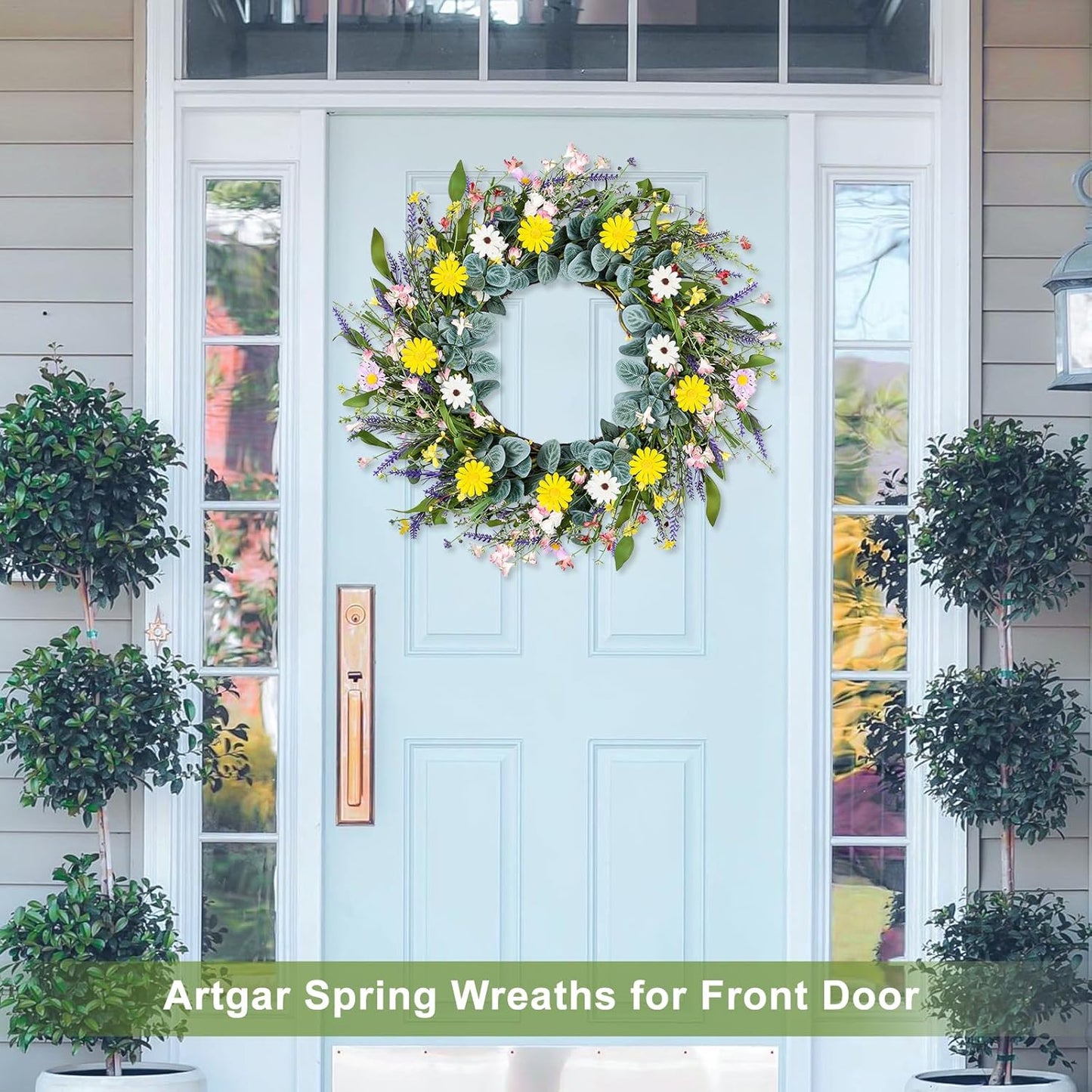 Artgar Spring Wreaths for Front Door, 24 Inch Daisy Wreath, Artificial Spring Summer Wreath with Eucalyptus Leaves Paper Flowers for Indoor Outdoor Home Door Window Wall Wedding Decor