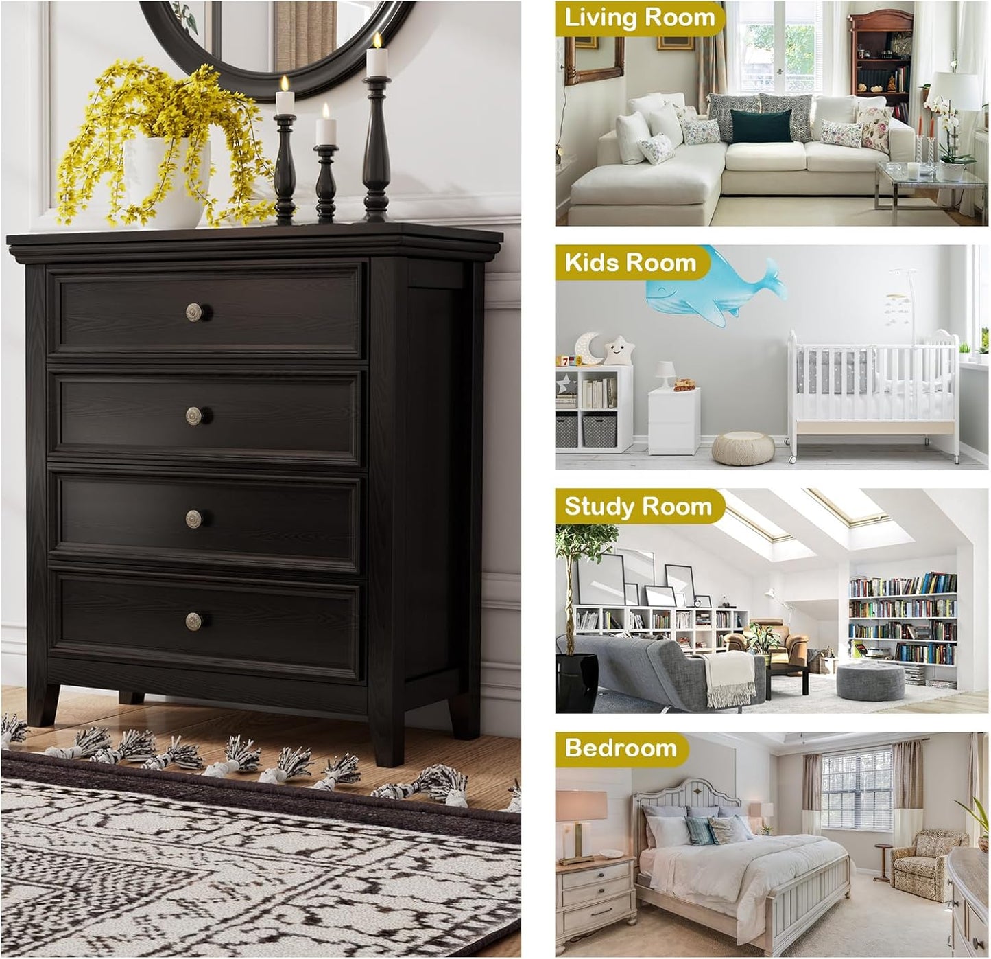 BLANKSPACE Black Dresser for Bedroom, 4 Chest of Drawer Modern Wood Nightstand, Wooden Clothes Organizer Cabinet Dressers for Living Room, Closets, Hallway