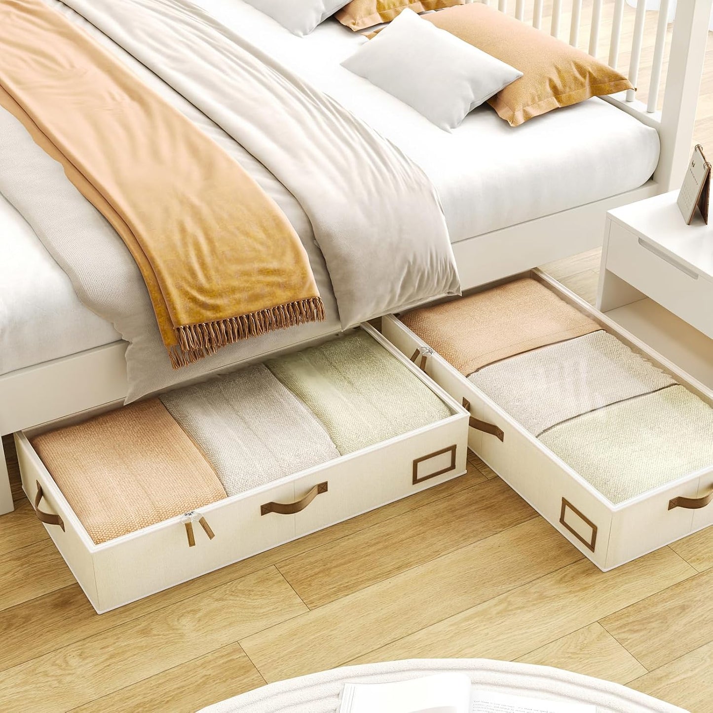 Under Bed Storage Containers, 2-Pack Underbed Storage Box, Collapsible Clothes Storage Bins with Handles and Lid, Medium Under Bed Organizers for Shoe, Blanket, Toy, Pillow, Sheet, Beige