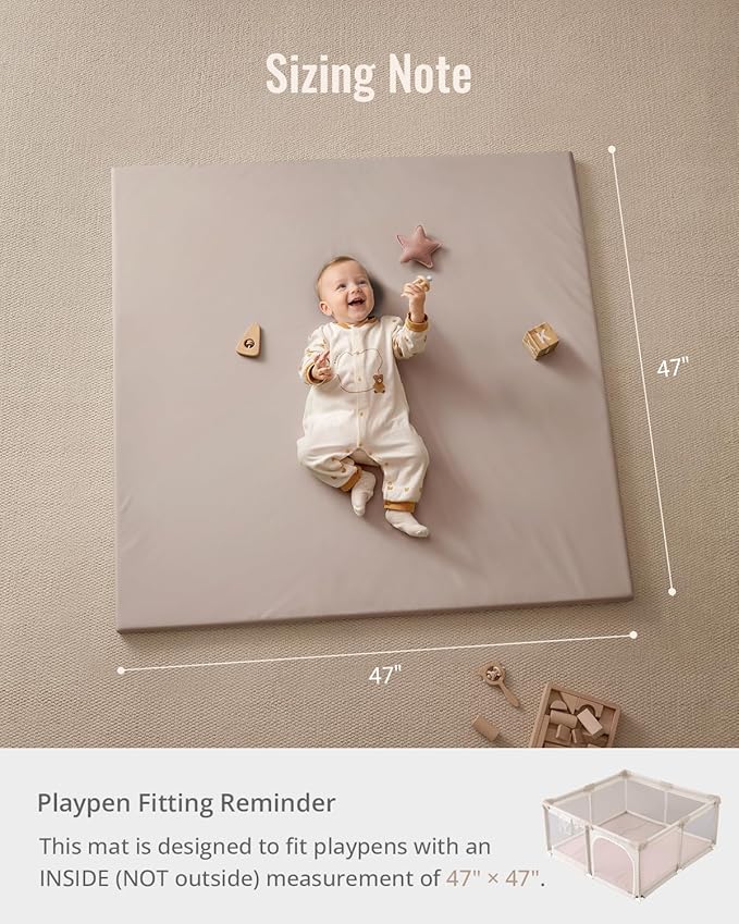 Blissful Diary Vegan Leather Baby Play Mat, 47x47 Thicken Foam Cushioned & Waterproof Playpen Mat for Infants and Toddlers, Stylish and Just Wipe-Clean Playmat for Baby Play on Floor, Brown Gray
