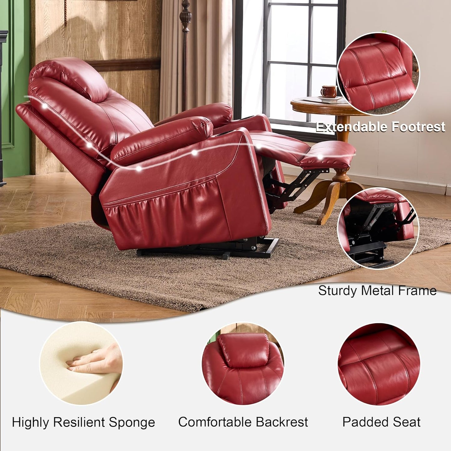 SALOHZA Power Lift Recliner Chair for Elderly with Massage and Heat for Living Room, Electric Recliner Chair for Adults with USB/Type C Port/Cup Holders, PU Faux Leather, Red