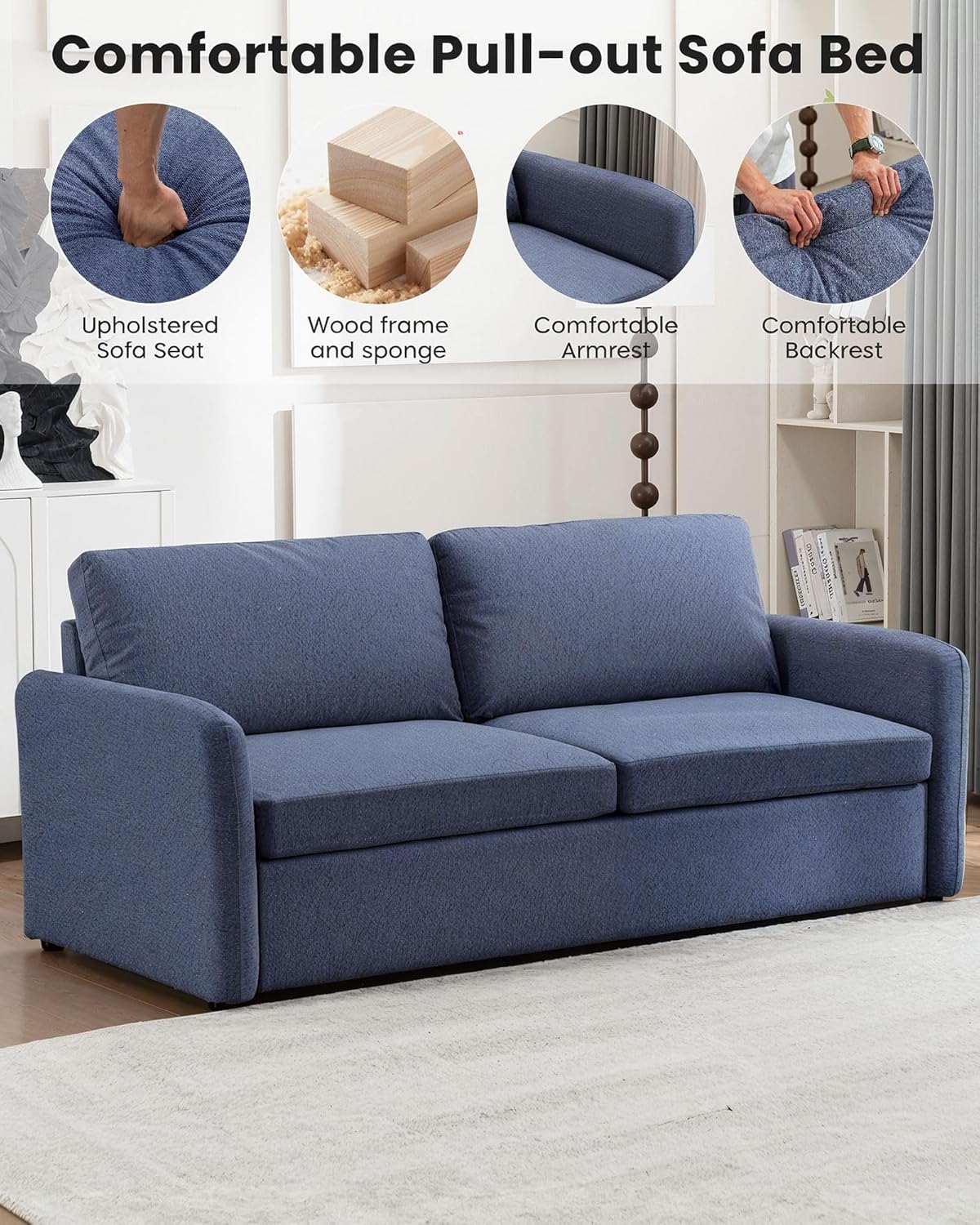 Queen Pull Out Sofa Bed, 2-in-1 Convertible Sleeper Sofa Couch with Memory Foam Mattress – Space-Saving Sofa Bed Queen for Living Room & Guest Room, Navy Blue