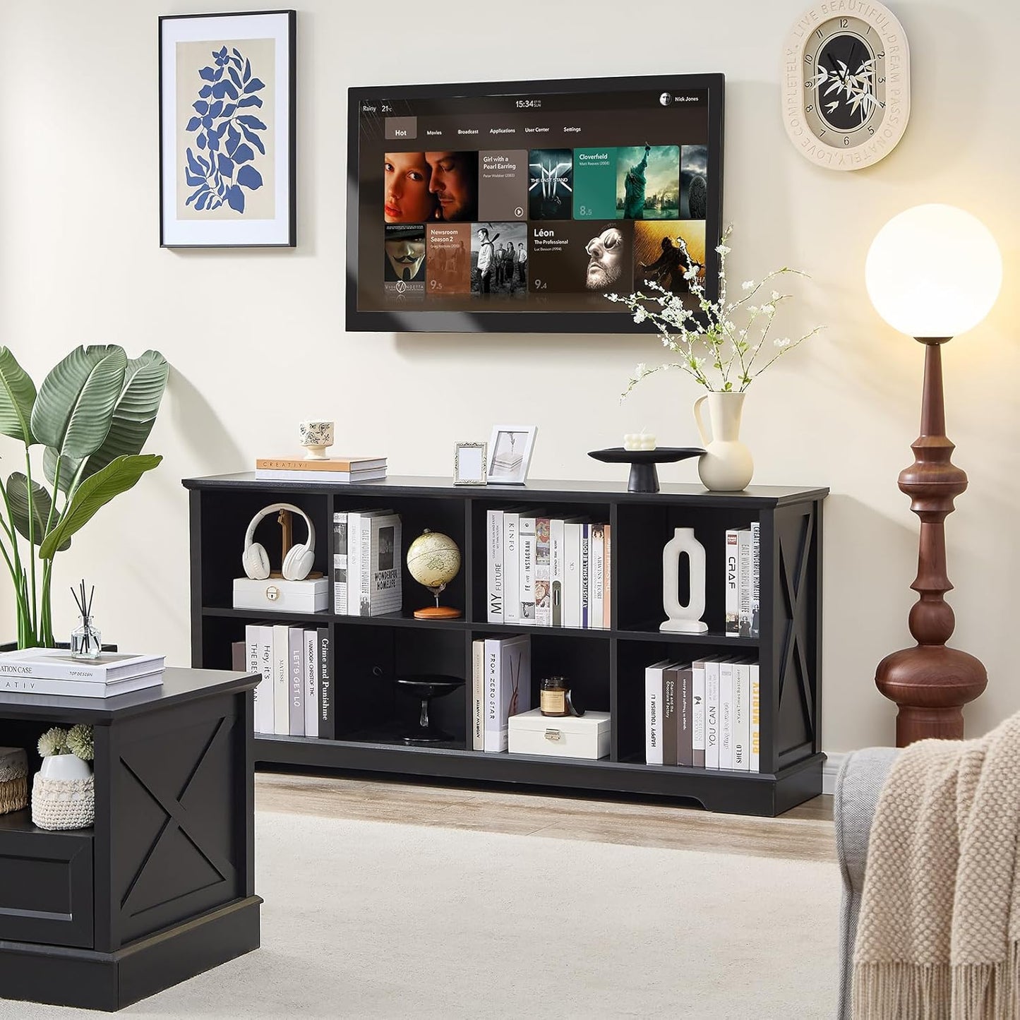 Farmhouse 8 Cube Bookshelf, Black Storage Organizer Bookcase, Kids Toy Storage Cabinet, Long Bookshelves Storage Organizer Shelf, Wood Display Cabinet Book Shelves for Bedroom,Living Room,Office