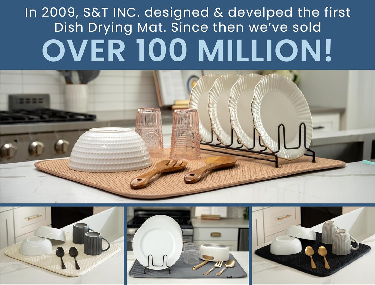 S&T INC. Dish Drying Mat XL, 18” x 24”, Absorbent Microfiber Kitchen Counter Mat, Drying Pad for Dishes, Utensils, Pots and Pans, Extra Large, Diamond Texture, Almond