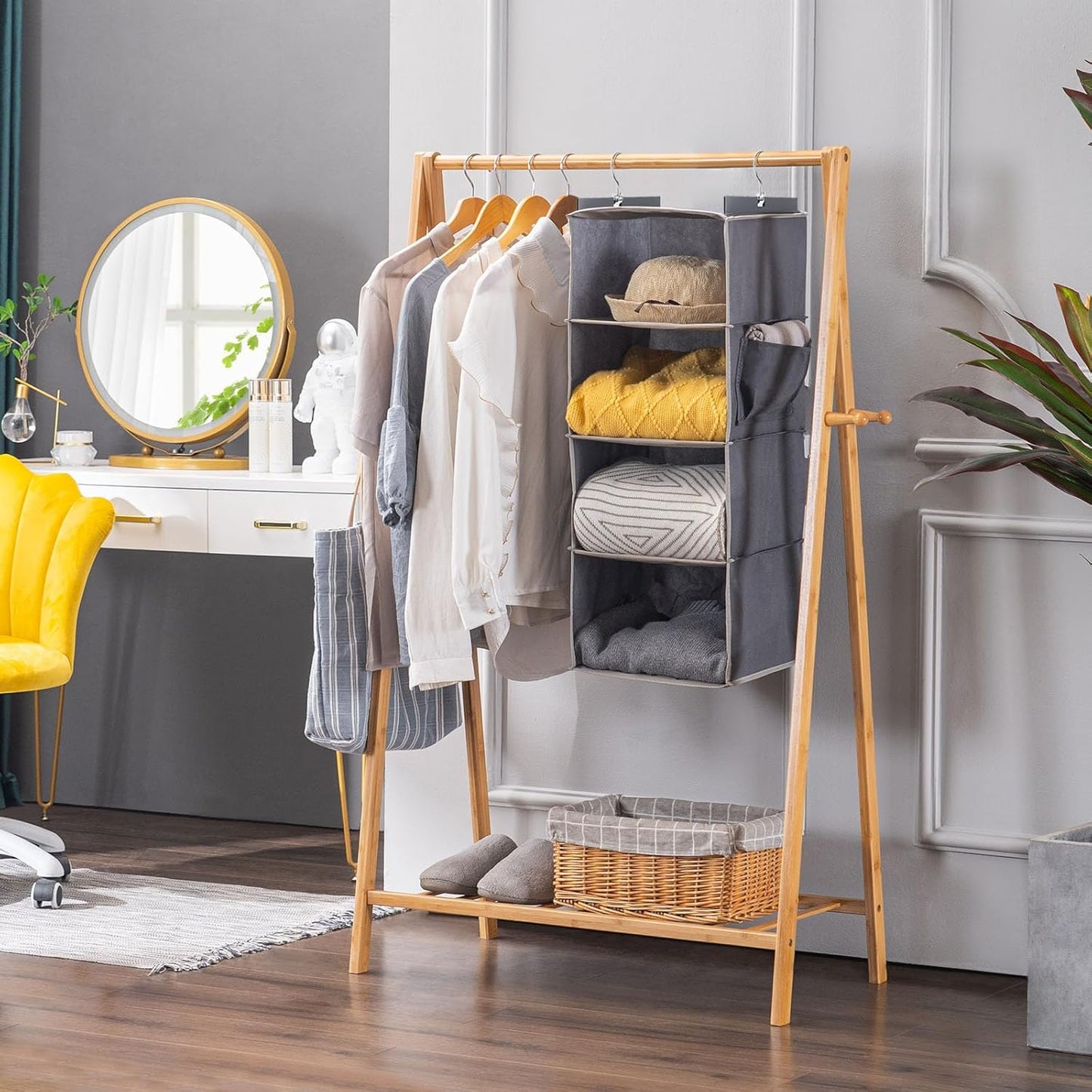 YOUDENOVA Hanging Closet Organizer, 4-Shelf Closet Hanging Storage Shelves, Grey