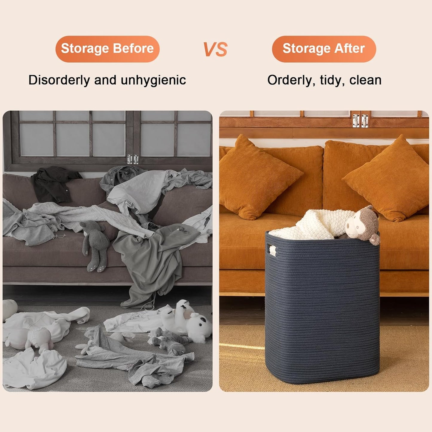 OIAHOMY Laundry Hamper, Laundry Basket,Rectangle Cotton Large Blanket Storage Basket for Living room,Bedroom Woven Decorative Storage for Toys,Clothes,Pillows-16x13x22in-Blue