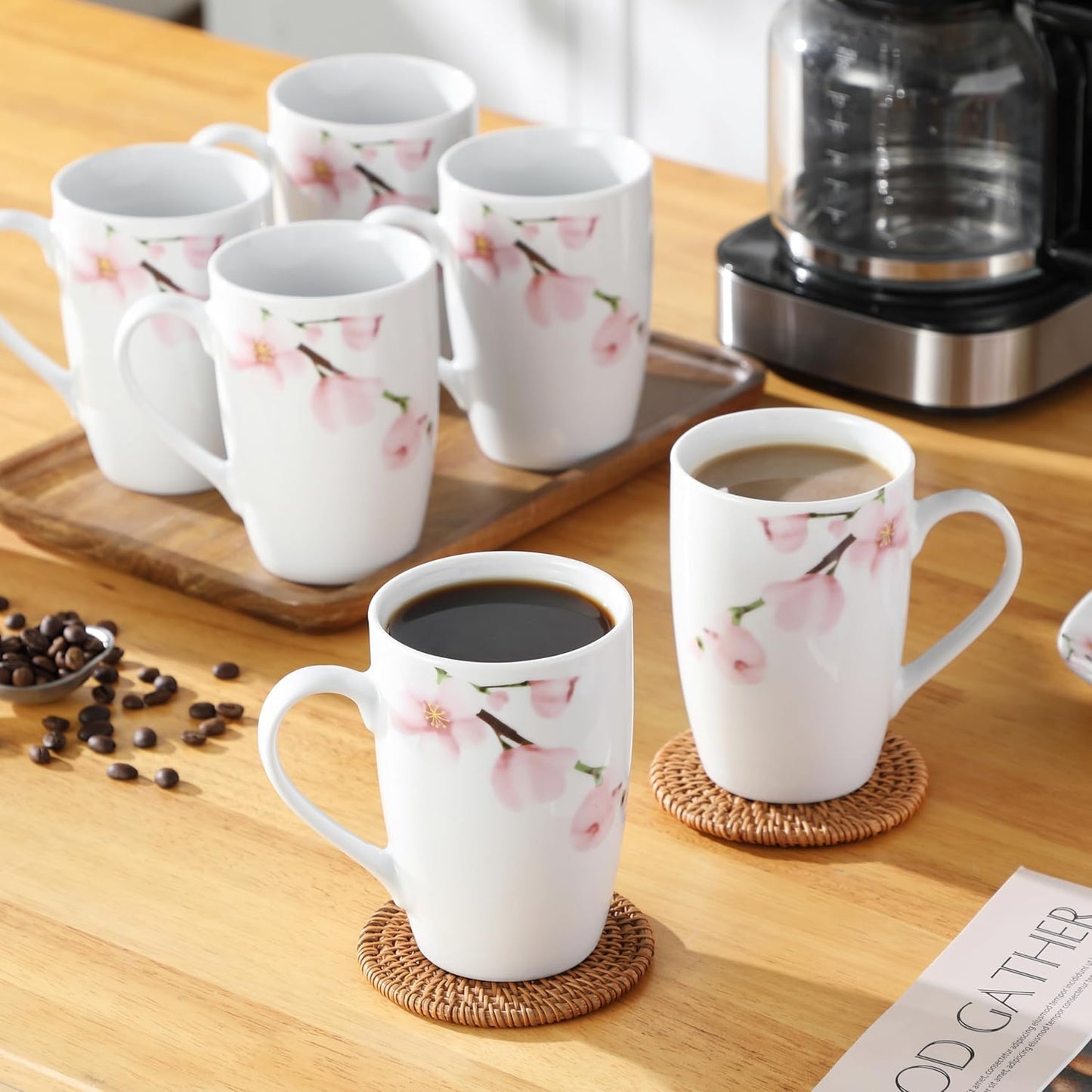VEWEET Large Coffee Mugs Set of 6, 16 OZ Coffee Cups Set with Handle, Floral Mug Sets Ceramic Cup Set for Kitchen, Microwave& Dishwasher Safe, Series ANNIE