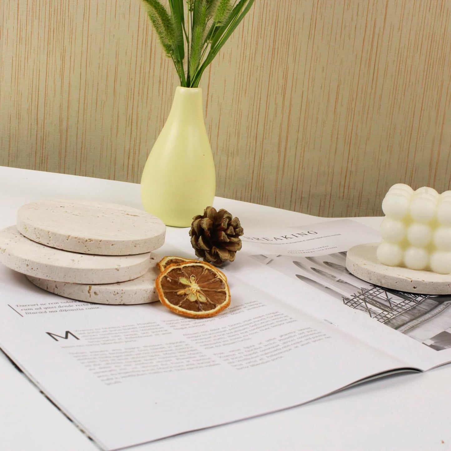 Marble Coasters – Set of 4 –Beige Travertine Bar Coasters for Drinks, Coffee –Stone Holder for Home Décor, Housewarming Gifts (Round)