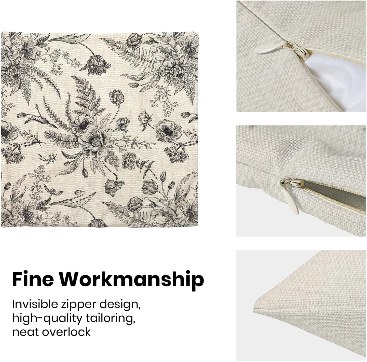 CXMEIFLY Spring Floral Leaves Pillow Covers 24 x 24 Inch Set of 2 for Chinoiserie Flowers Decor Throw Pillows Black and White Seasonal Plant Outdoor Decorative Cushion Cases for Couch Bed Decorations