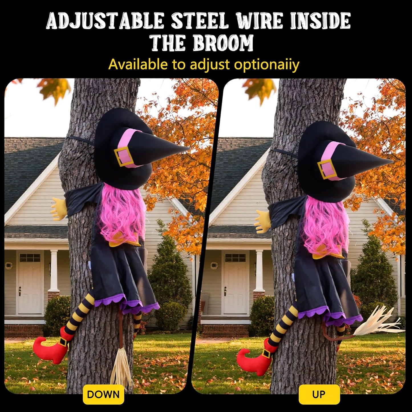 POPGIFTU 51" Halloween Crashing Witch Decoration – Pink Flying Witch for Tree, Yard, Porch, and Indoor Outdoor Halloween Décor